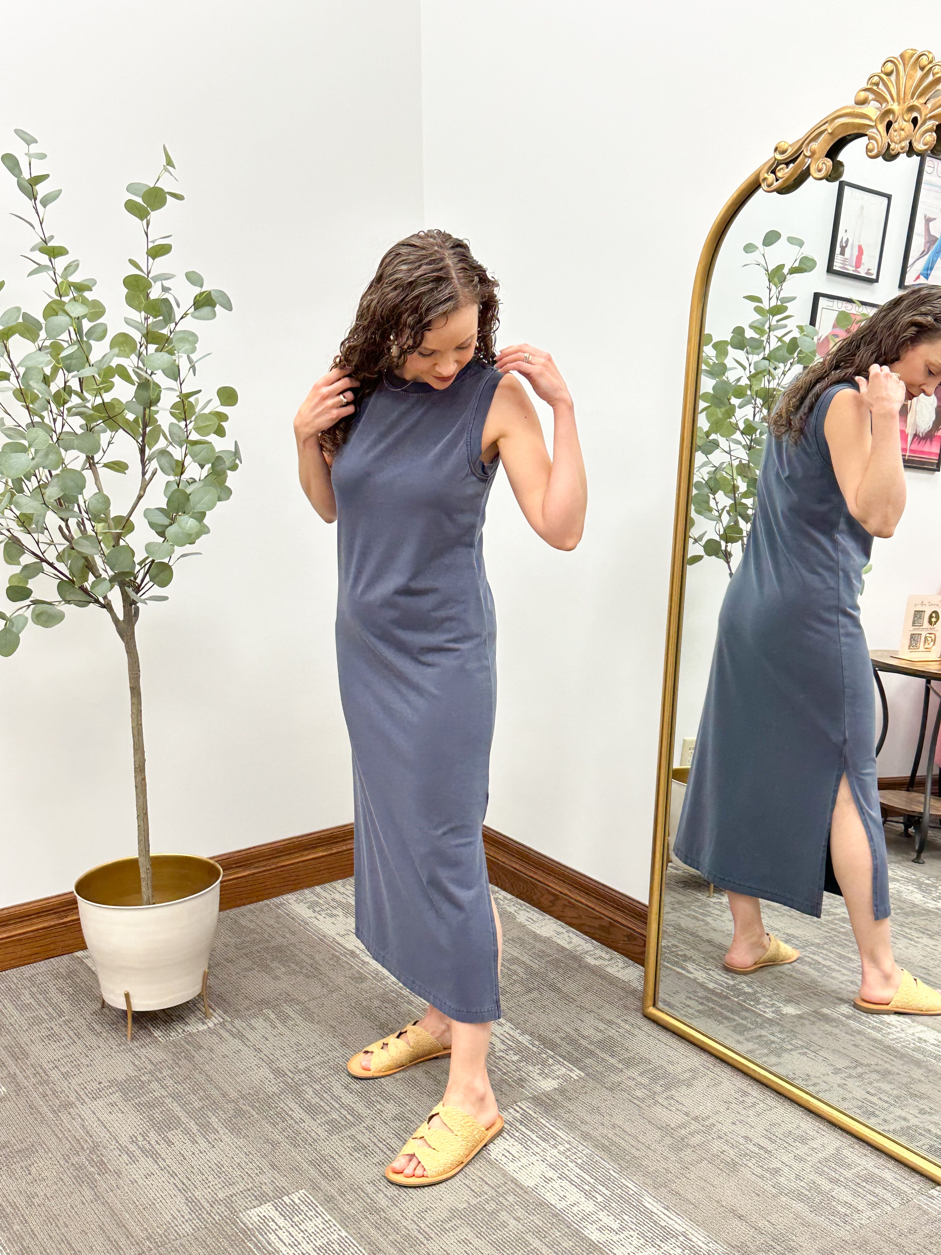 Navy Sleeveless Midi T-Shirt Dress