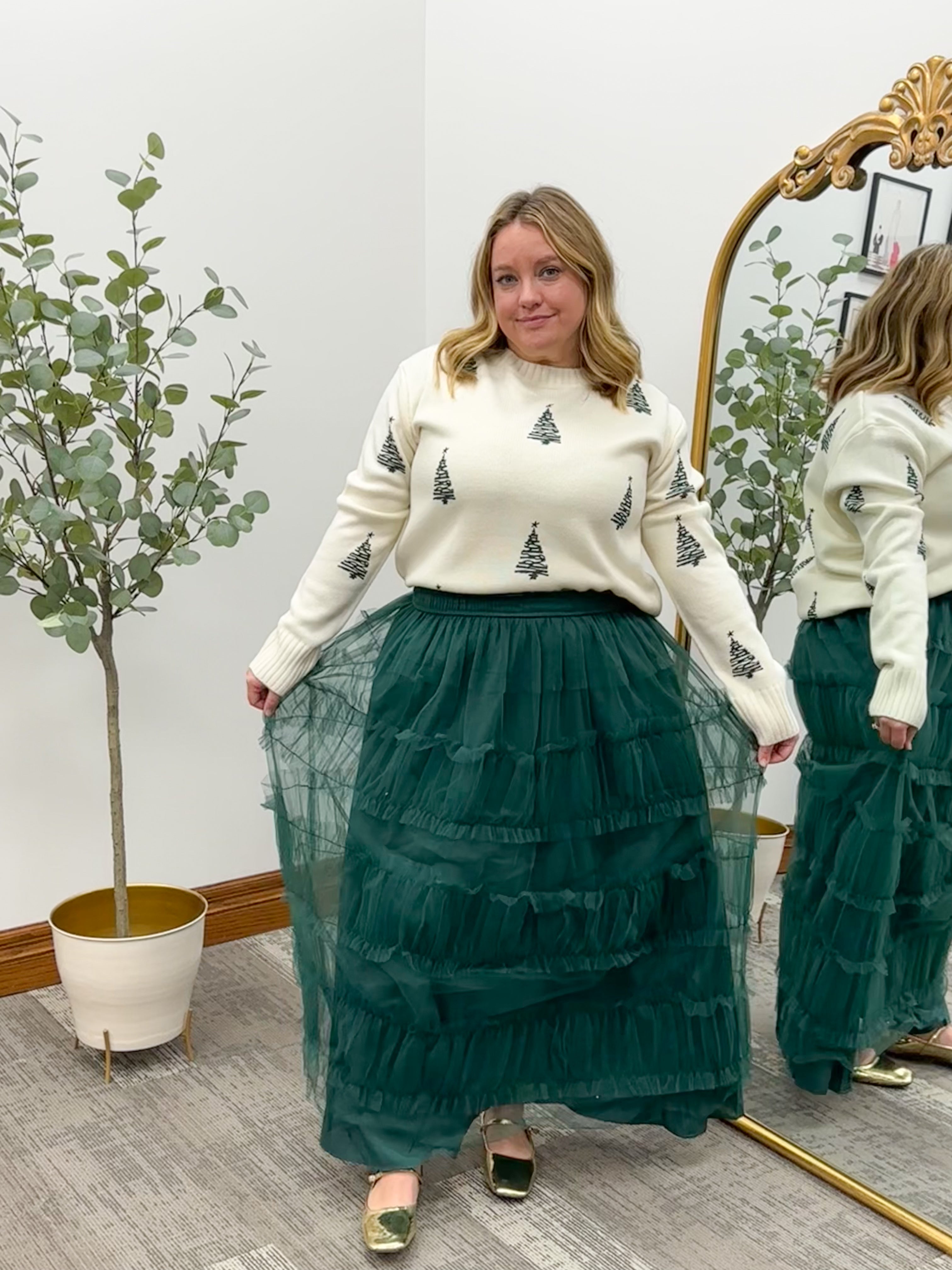 Green Tiered Mesh A-Line Maxi Skirt