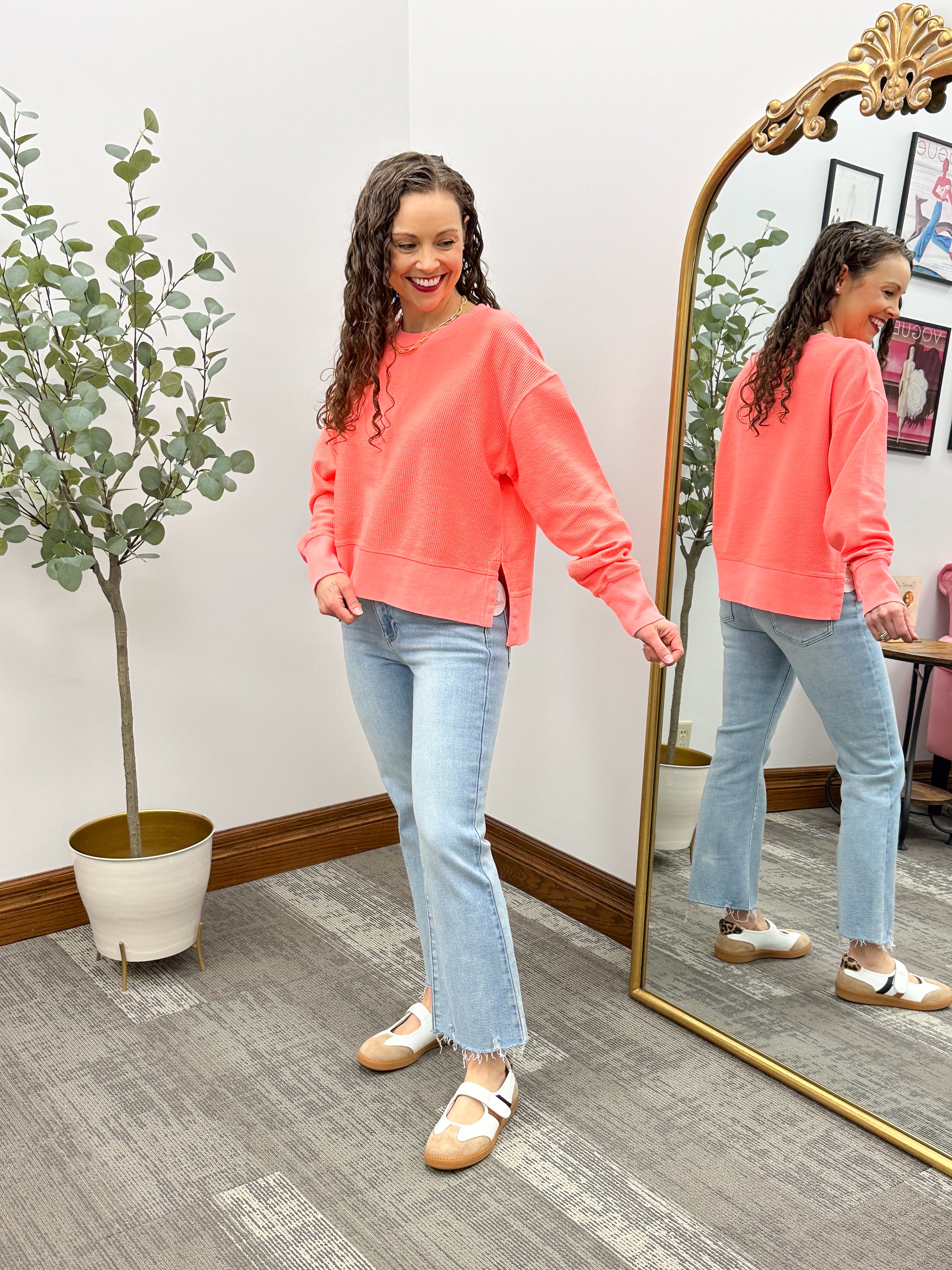 Neon Coral Split Hem Corded Crewneck
