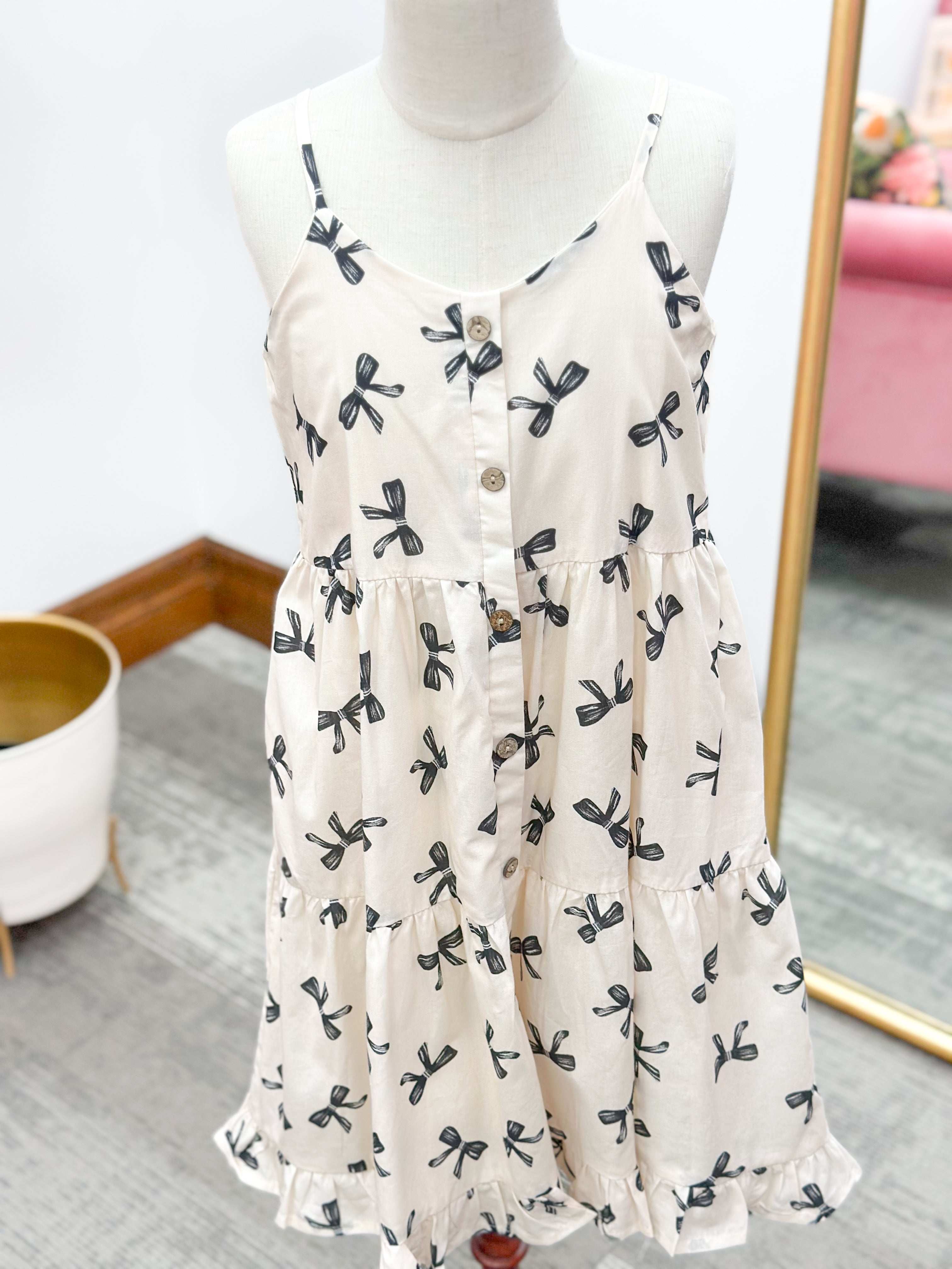 Girls Bow Print Tiered Ruffle Dress