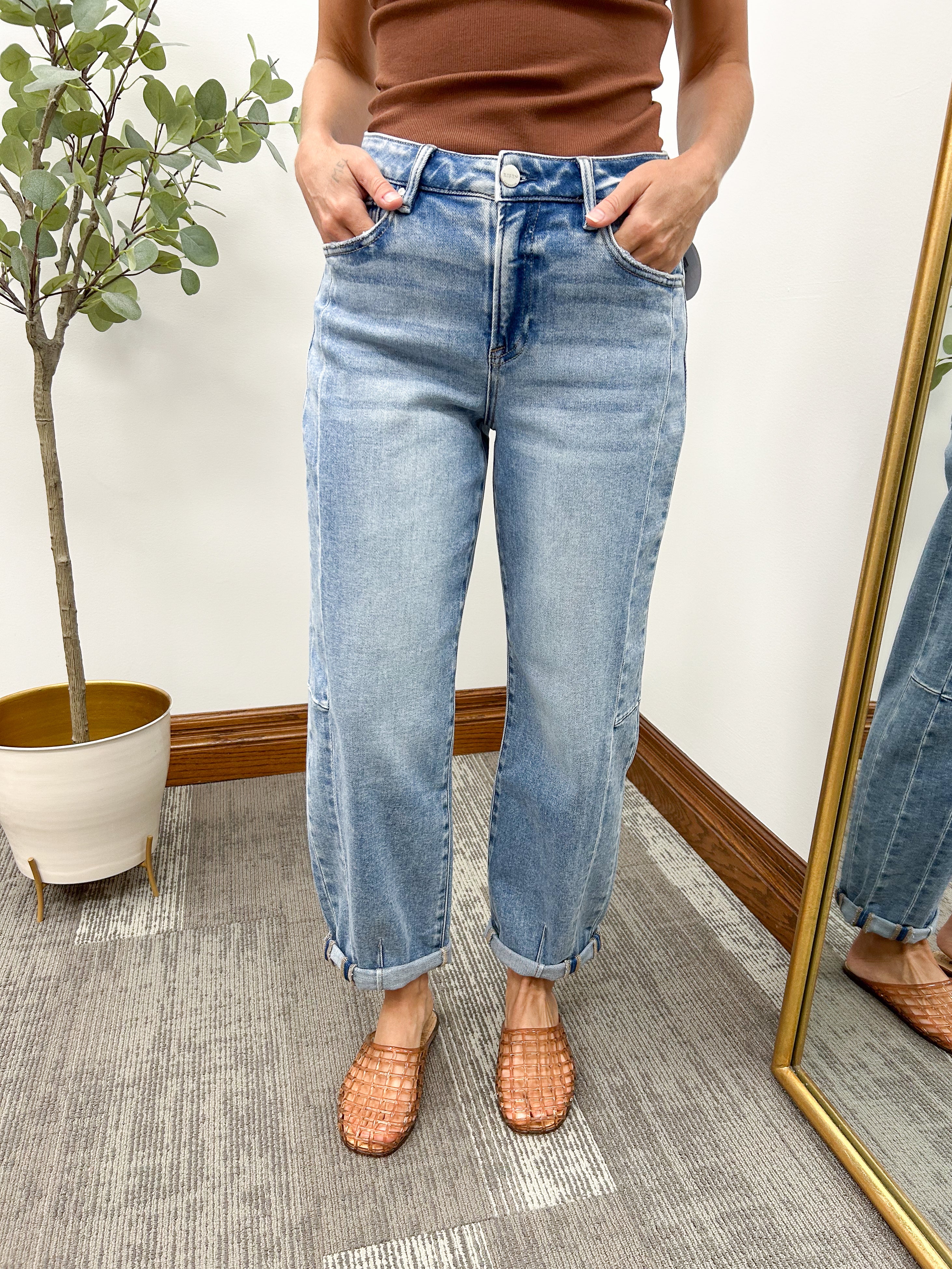 Medium Wash HR Barrel Cuffed Jeans, risen barrel jeans