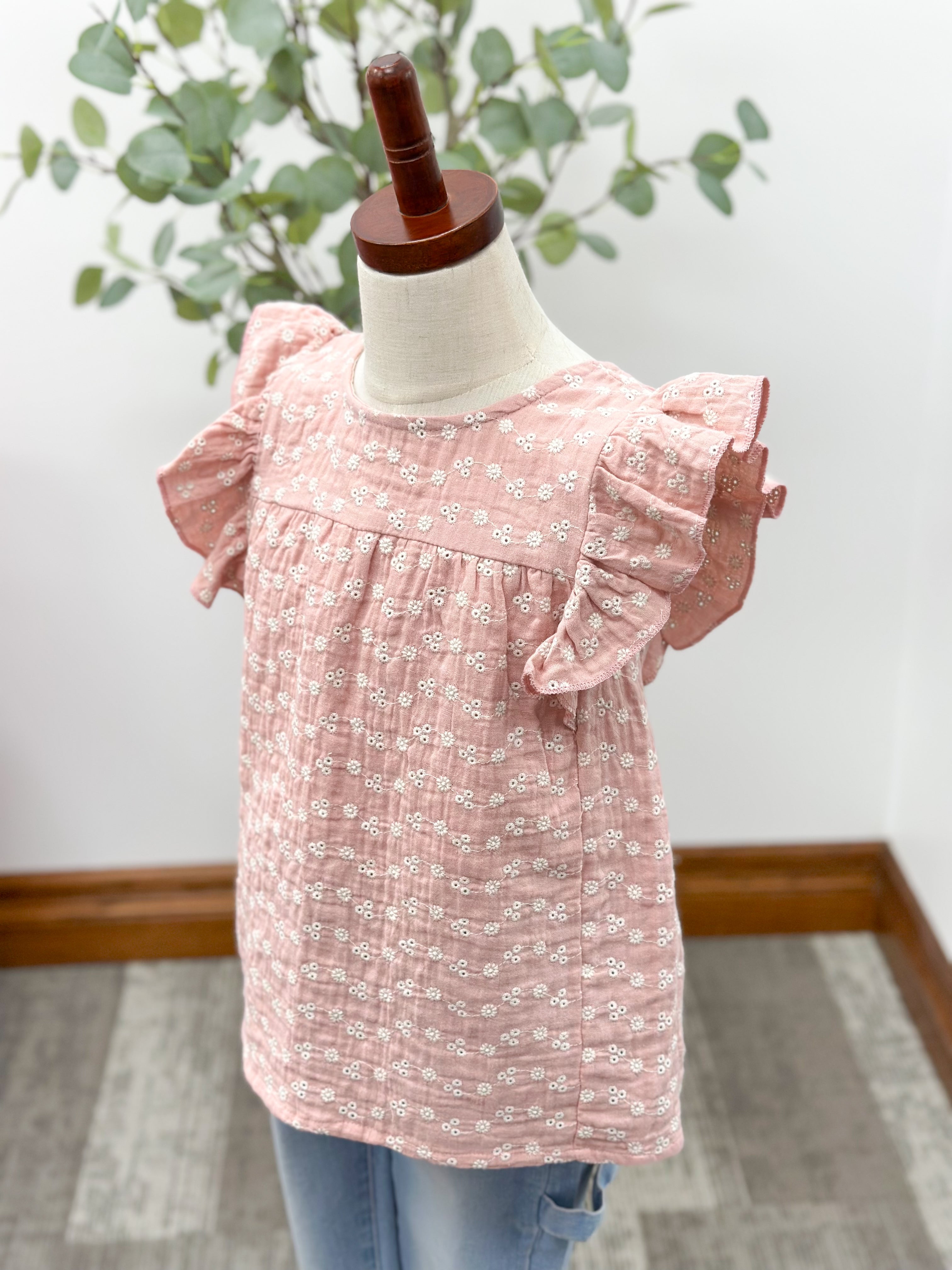 Girls Eyelet Ruffle Sleeve Top