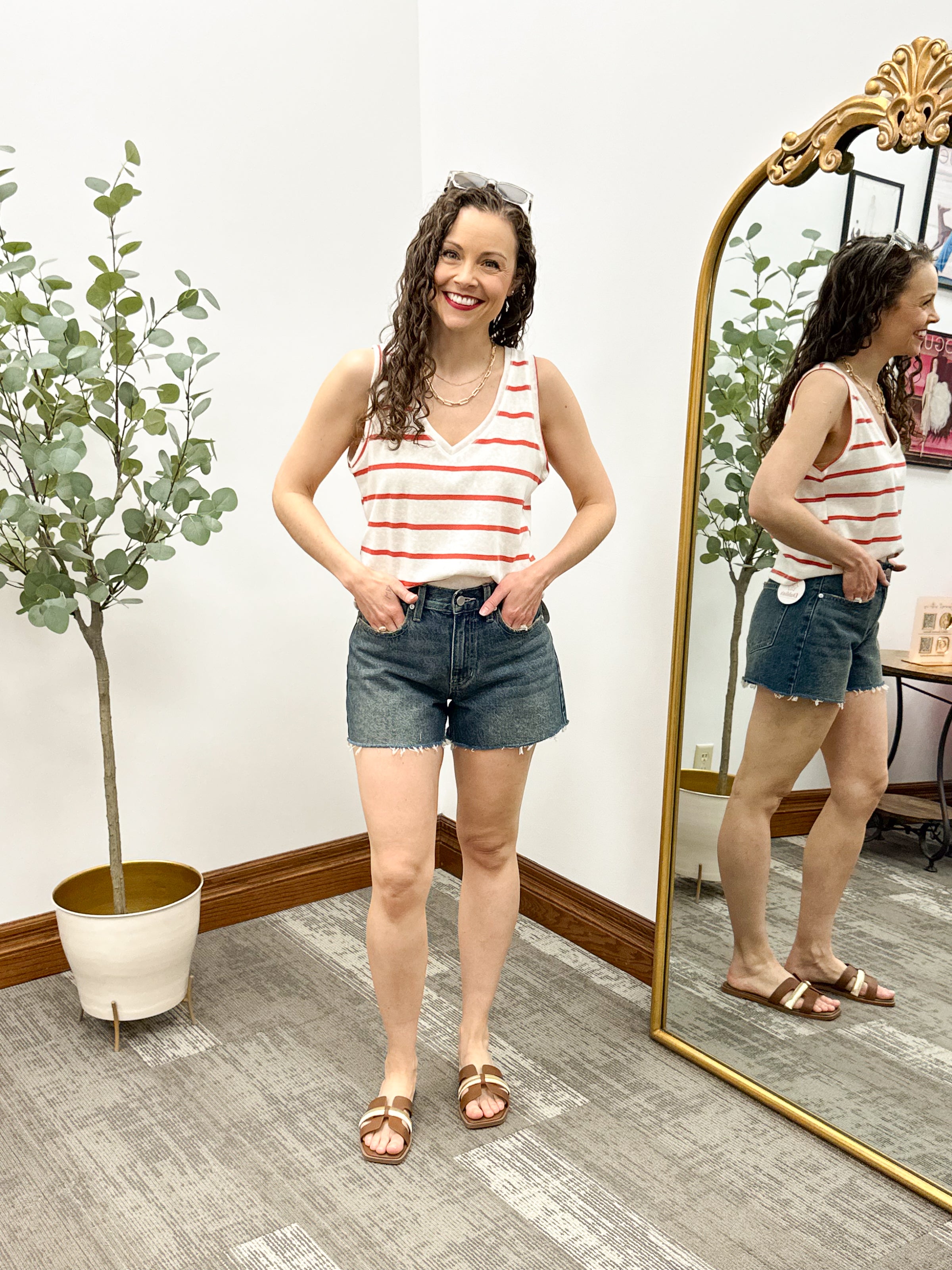 Red Striped V-Neck Tank Top