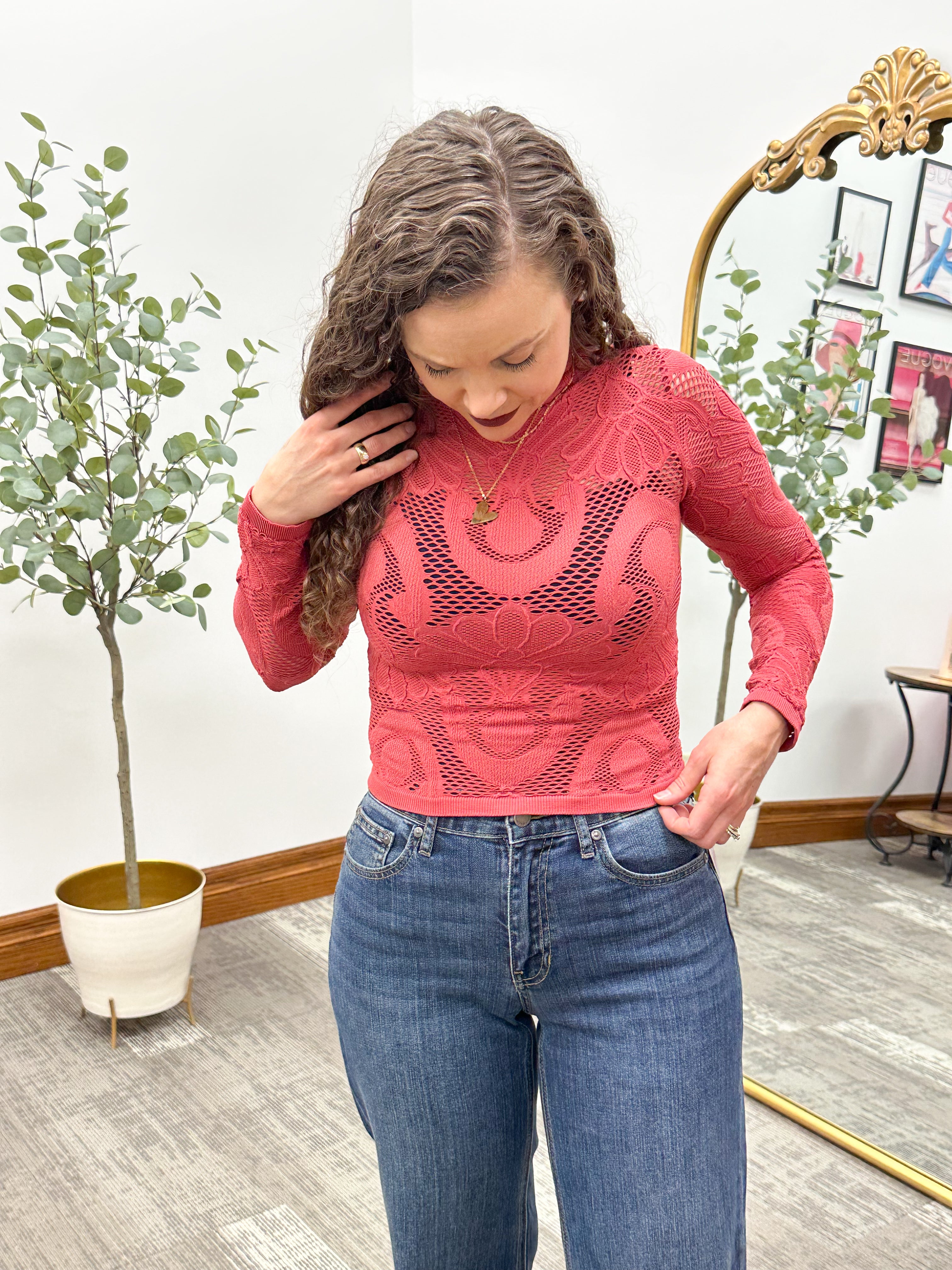 Seamless Floral Mesh Mock Neck Long Sleeve Top