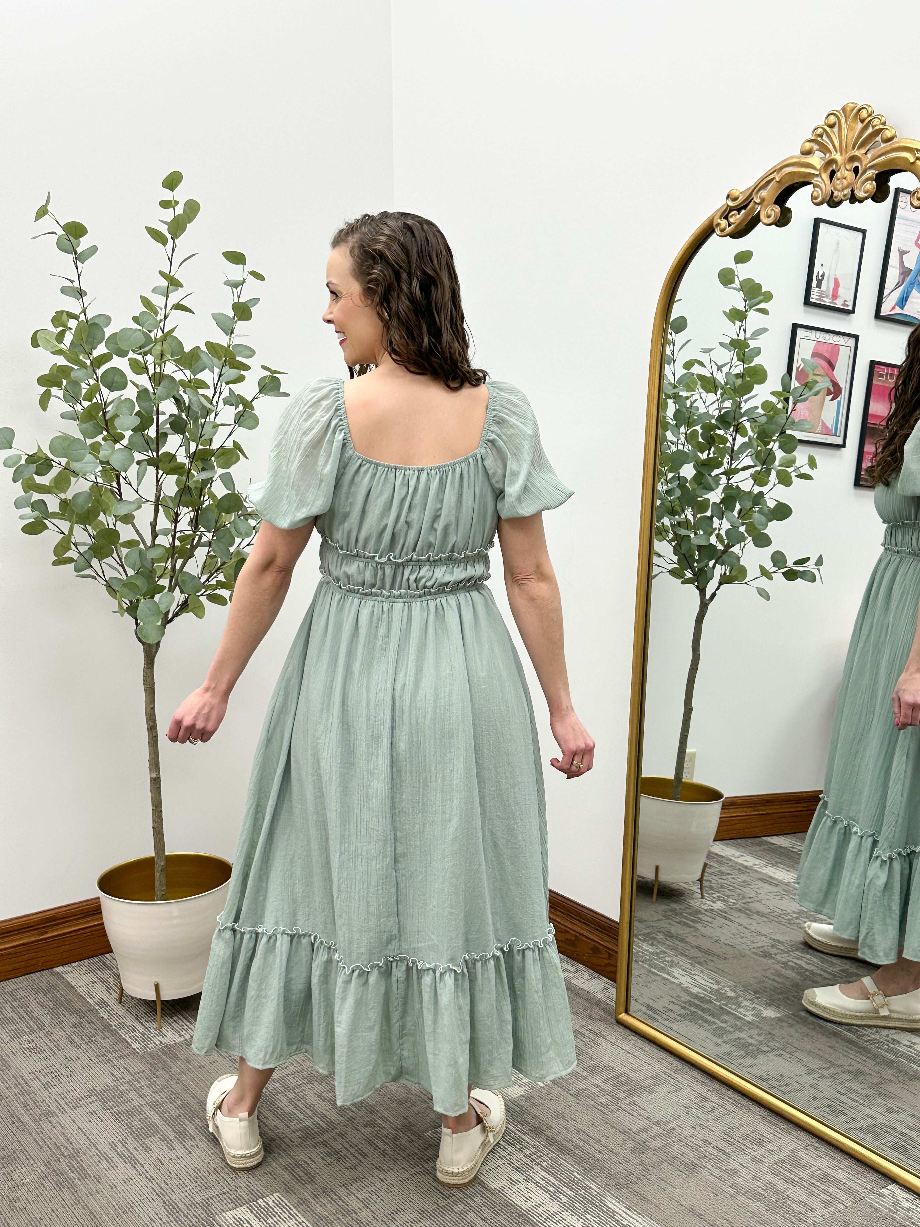 Olivia Sage Puff Sleeve Maxi Dress