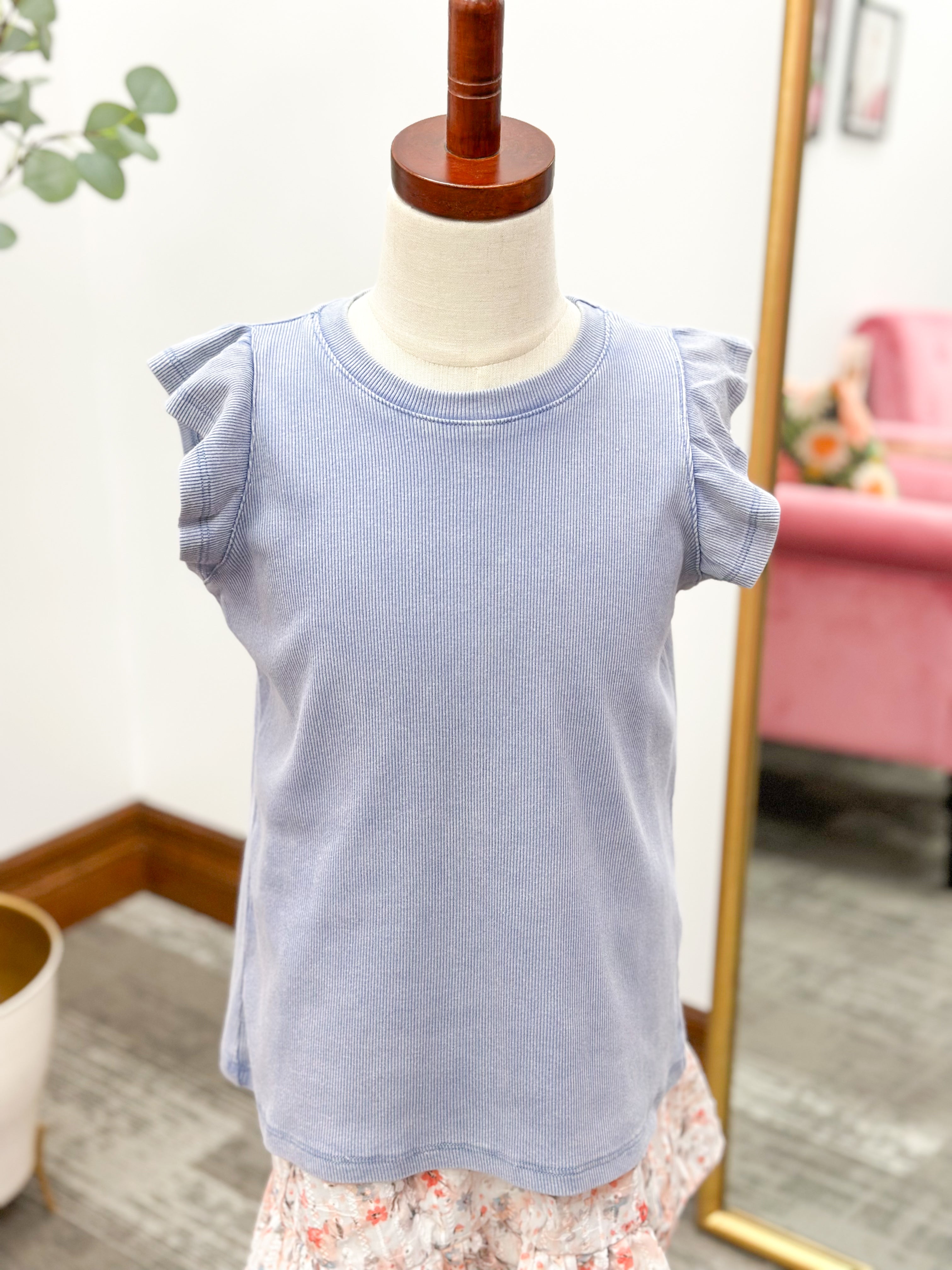 Girls Dusty Blue Ruffle Sleeve Top