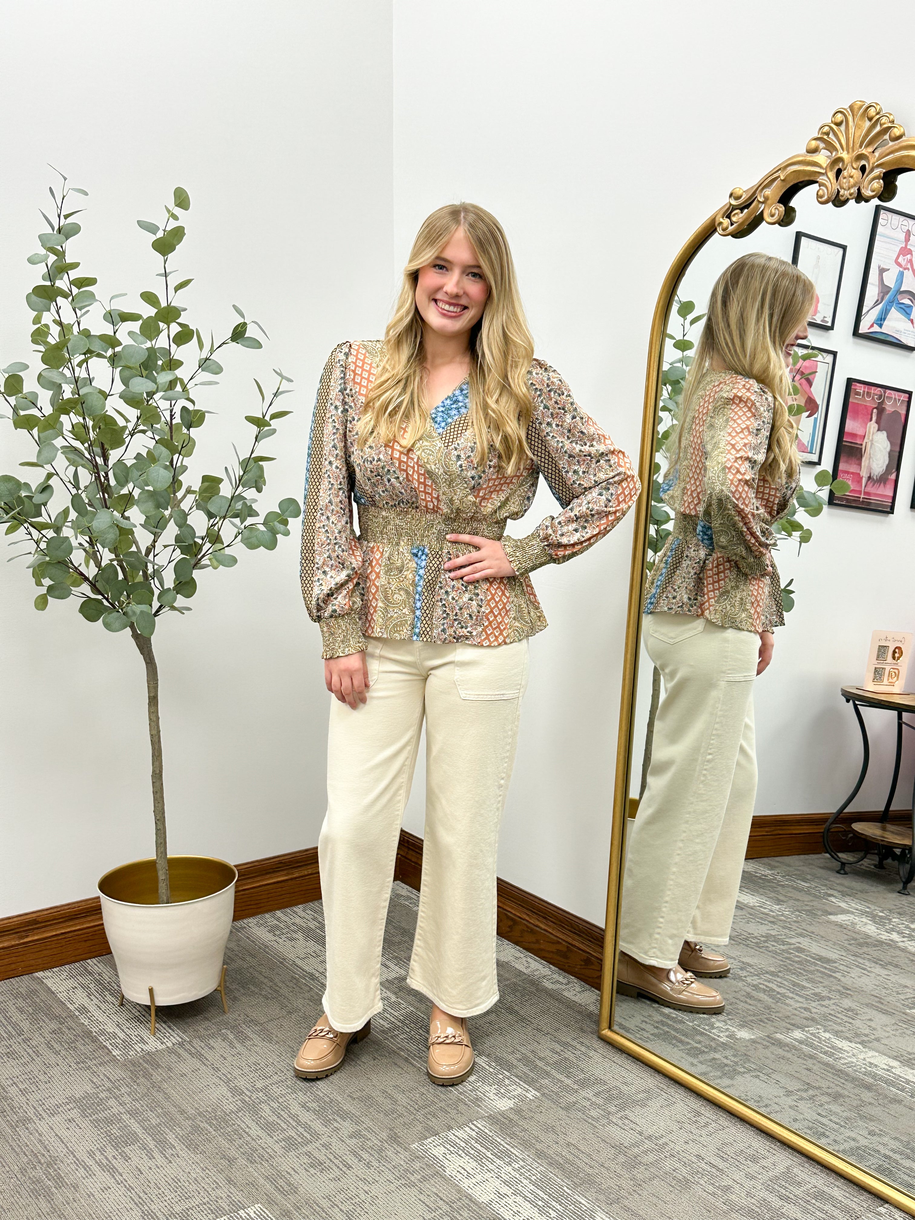 Multi Printed Smocked Peplum Blouse