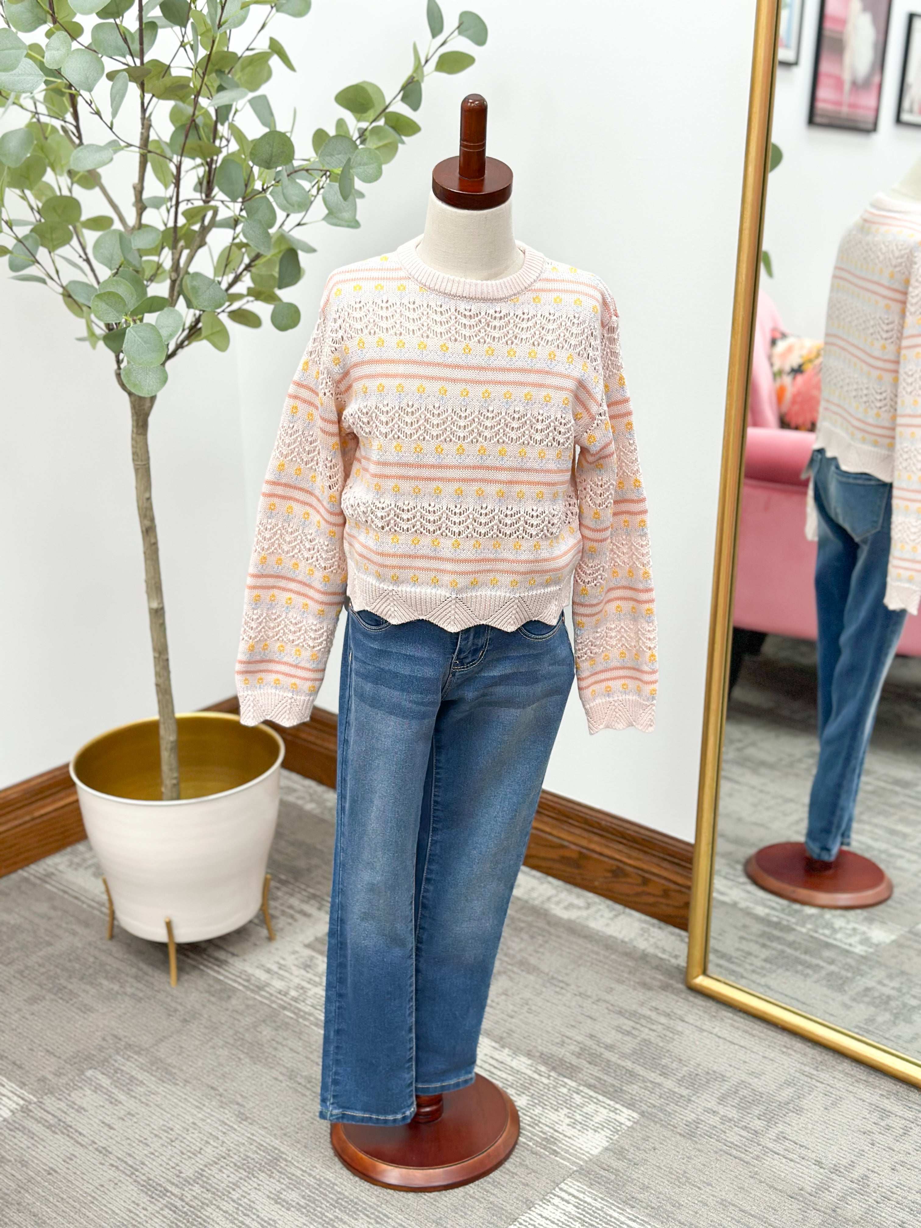 Girls Floral Pointelle Knit Sweater