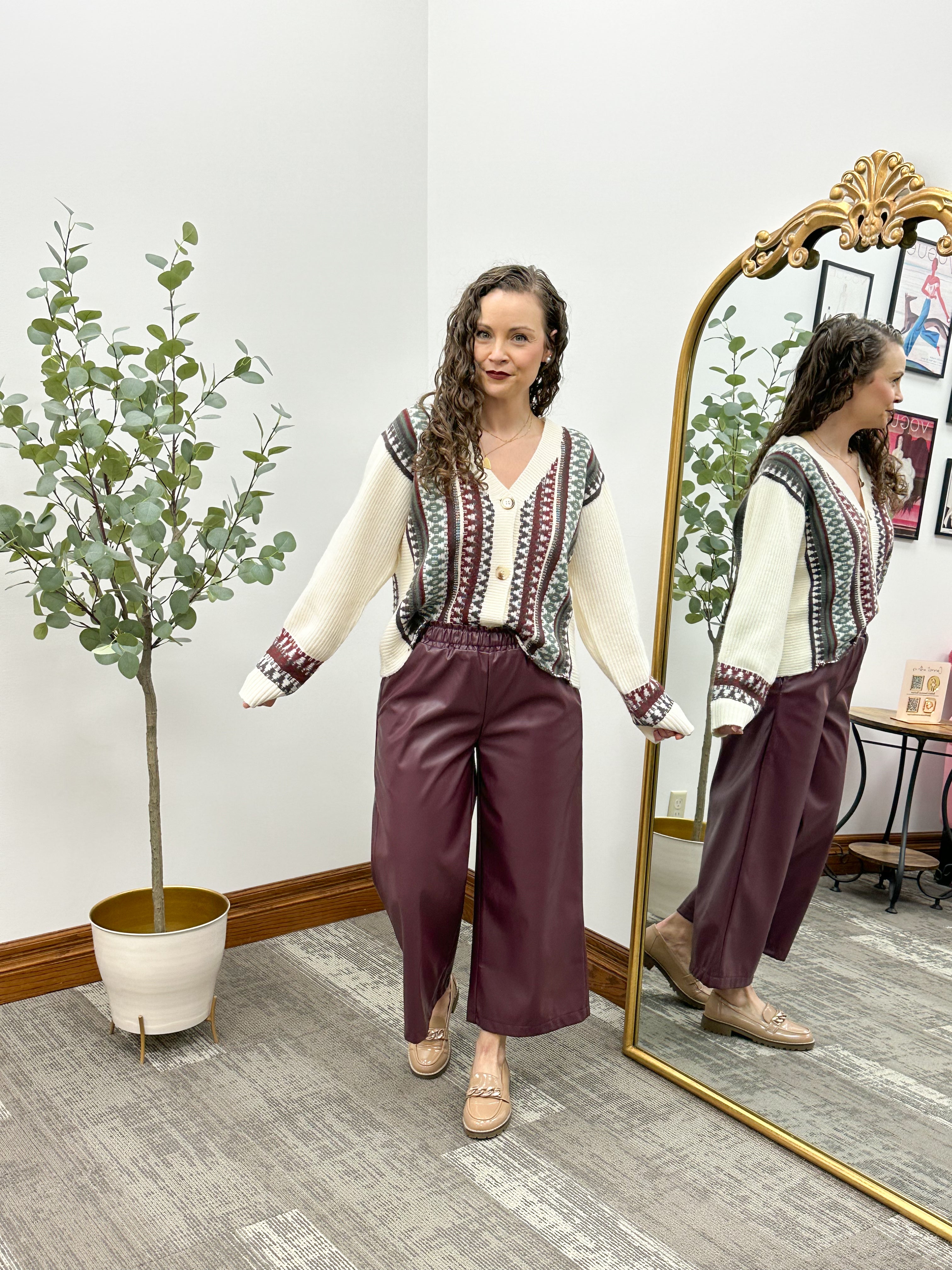 Maroon Wide Leg Faux Leather Culotte Pants