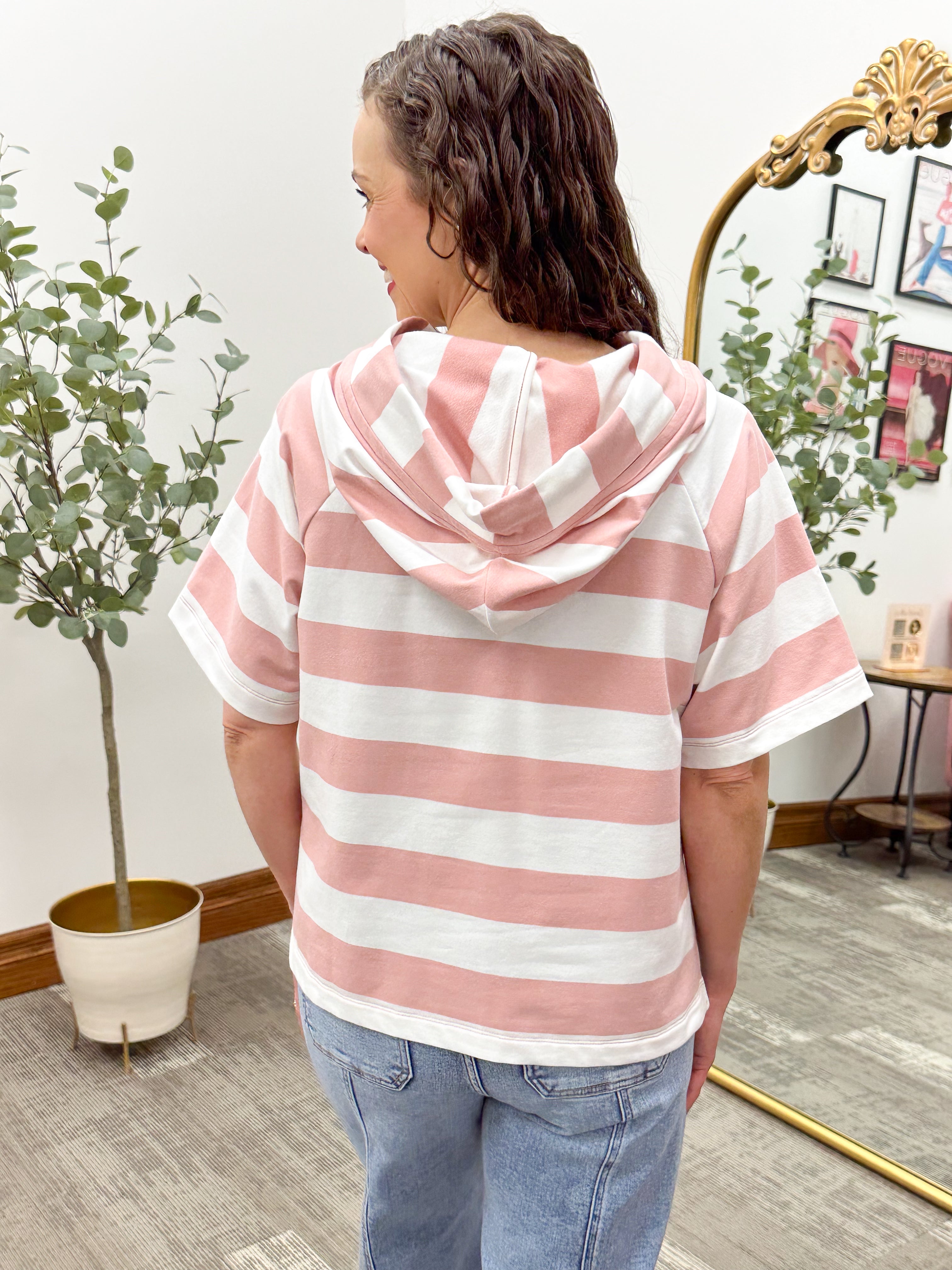 Striped Short Sleeve Hooded Pullover