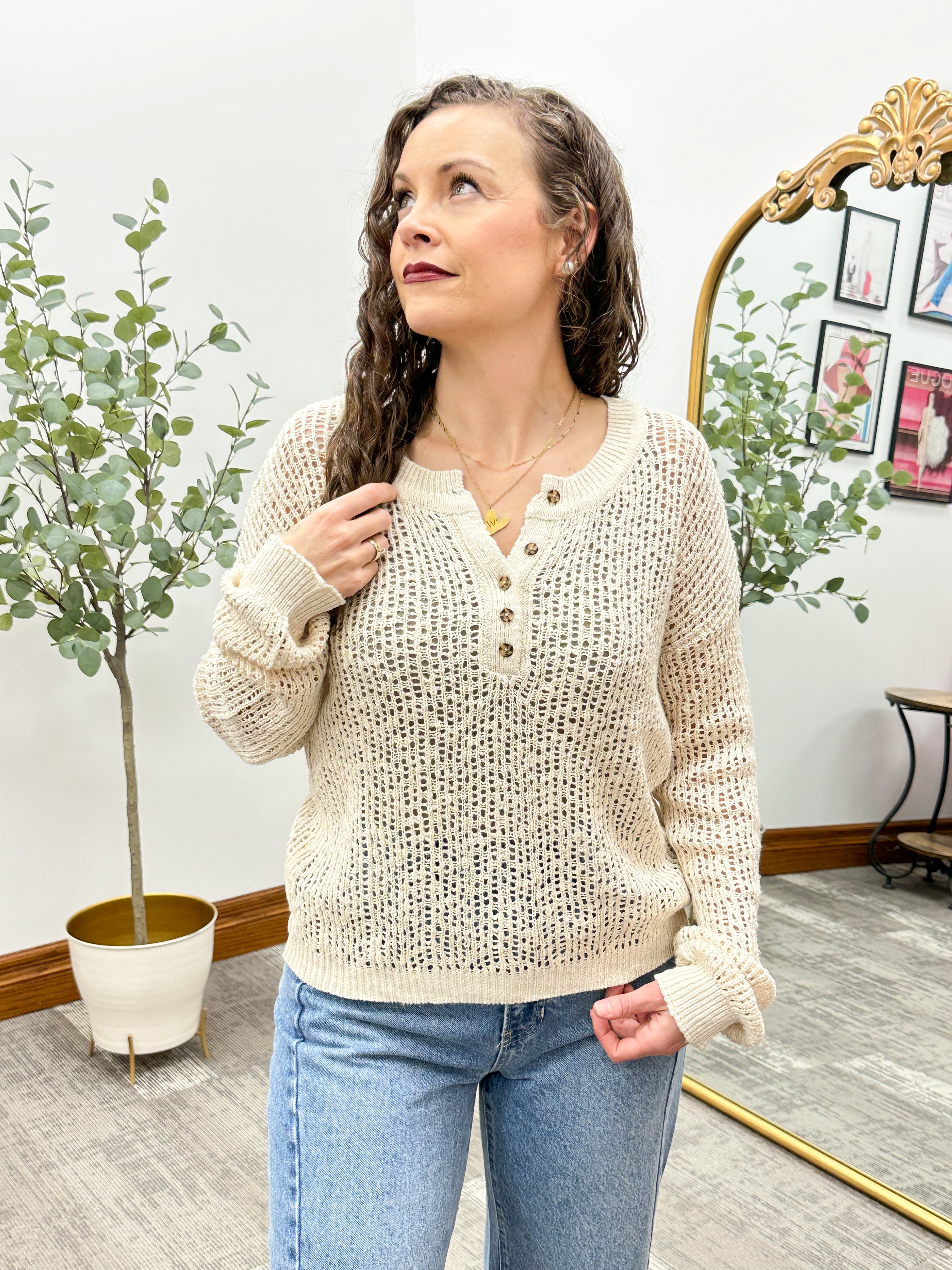 Beige Open Knit Henley Sweater