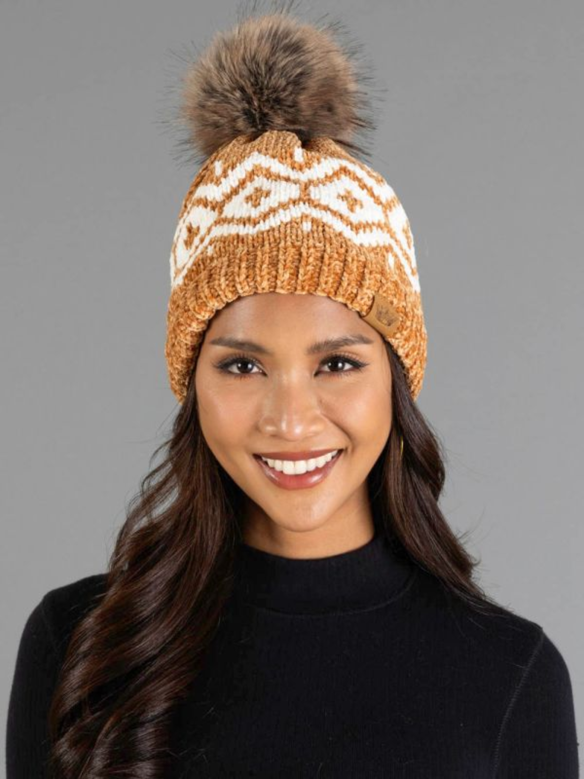 Gold & Cream Patterned Chenille Pom Hat