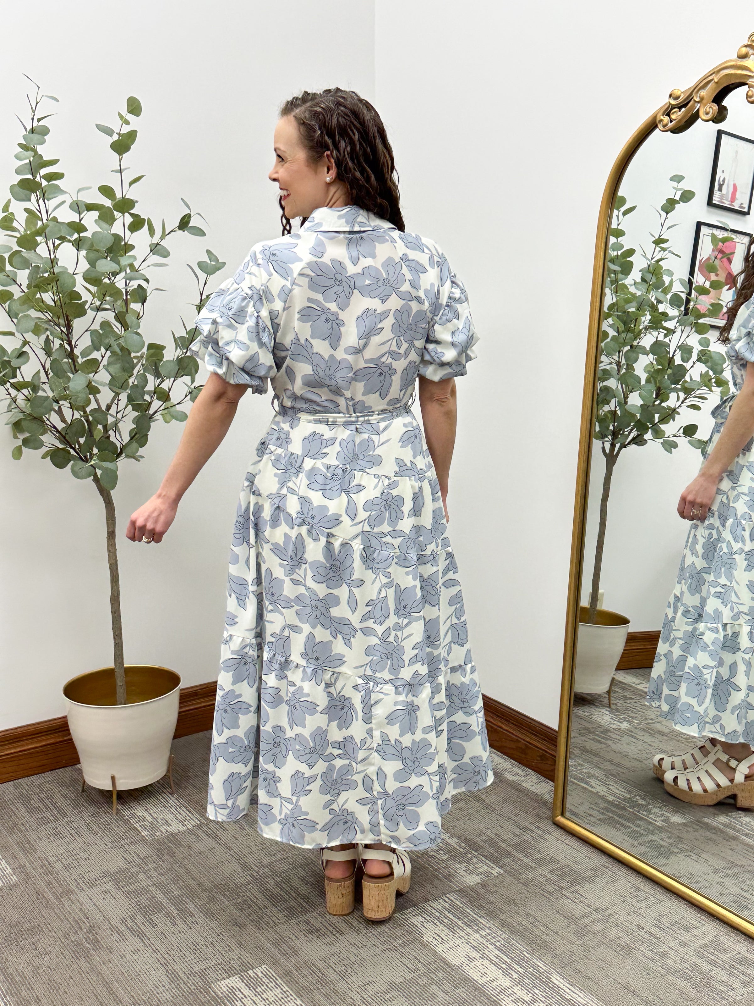 Cream & Blue Floral Maxi Dress
