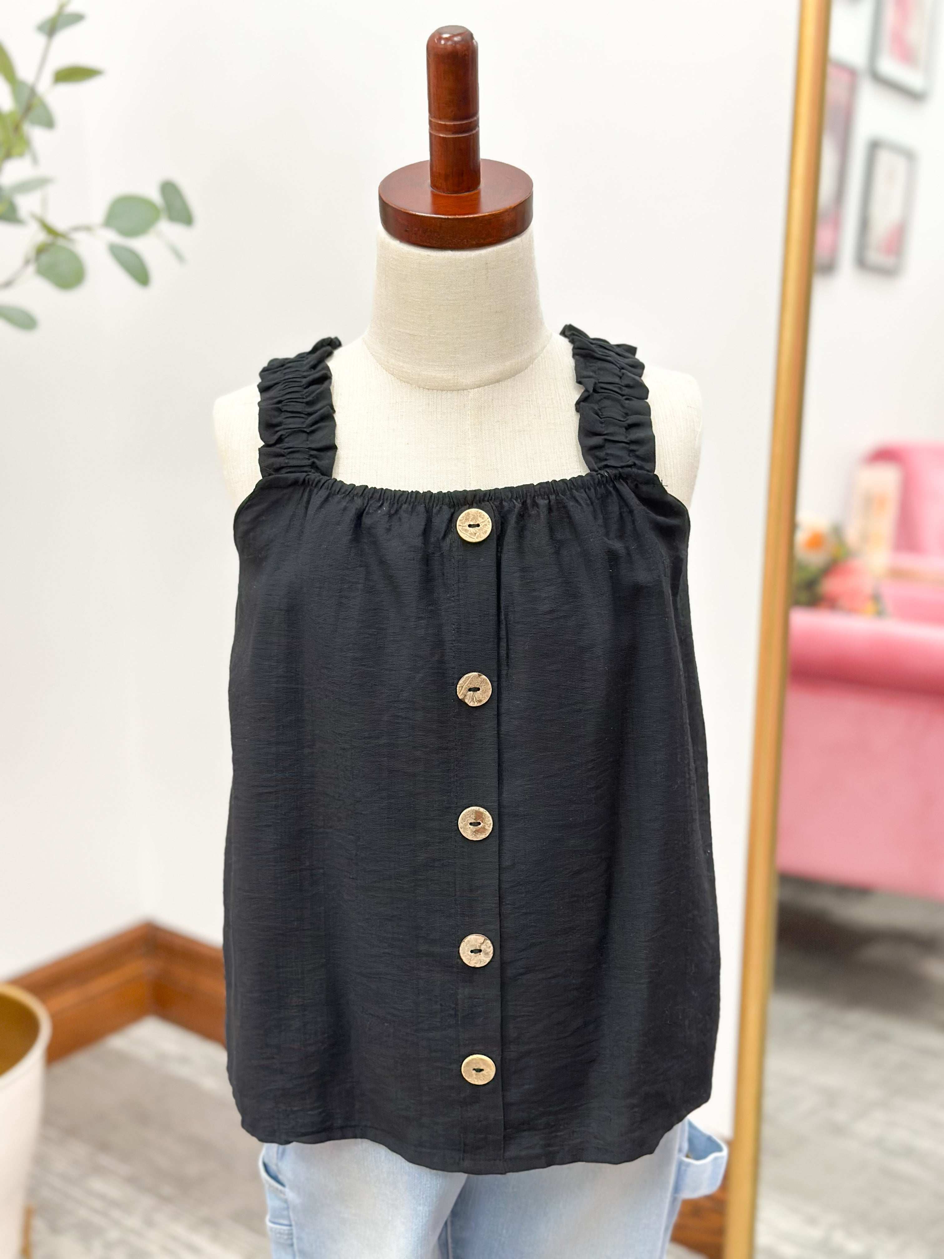 Girls Black Ruffle Strap Tank Top