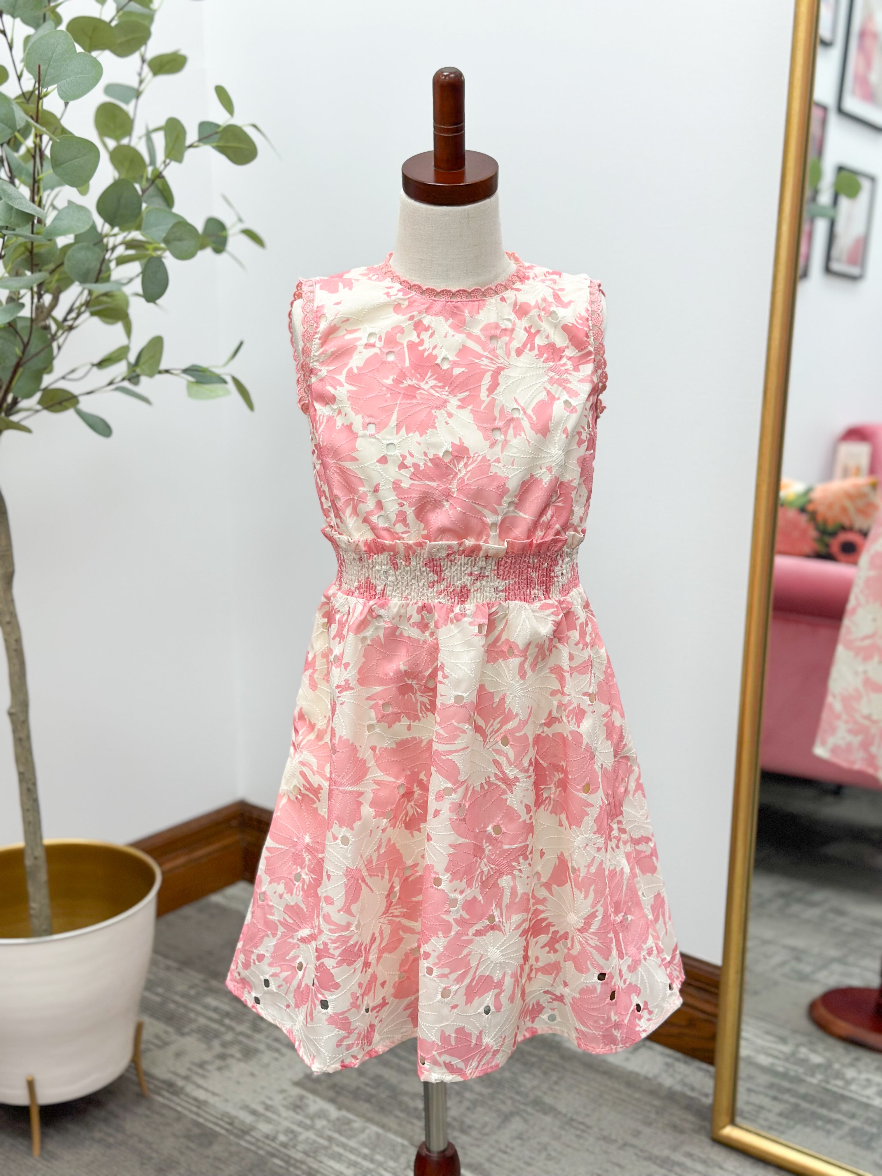 Girls Pink Floral Eyelet Dress