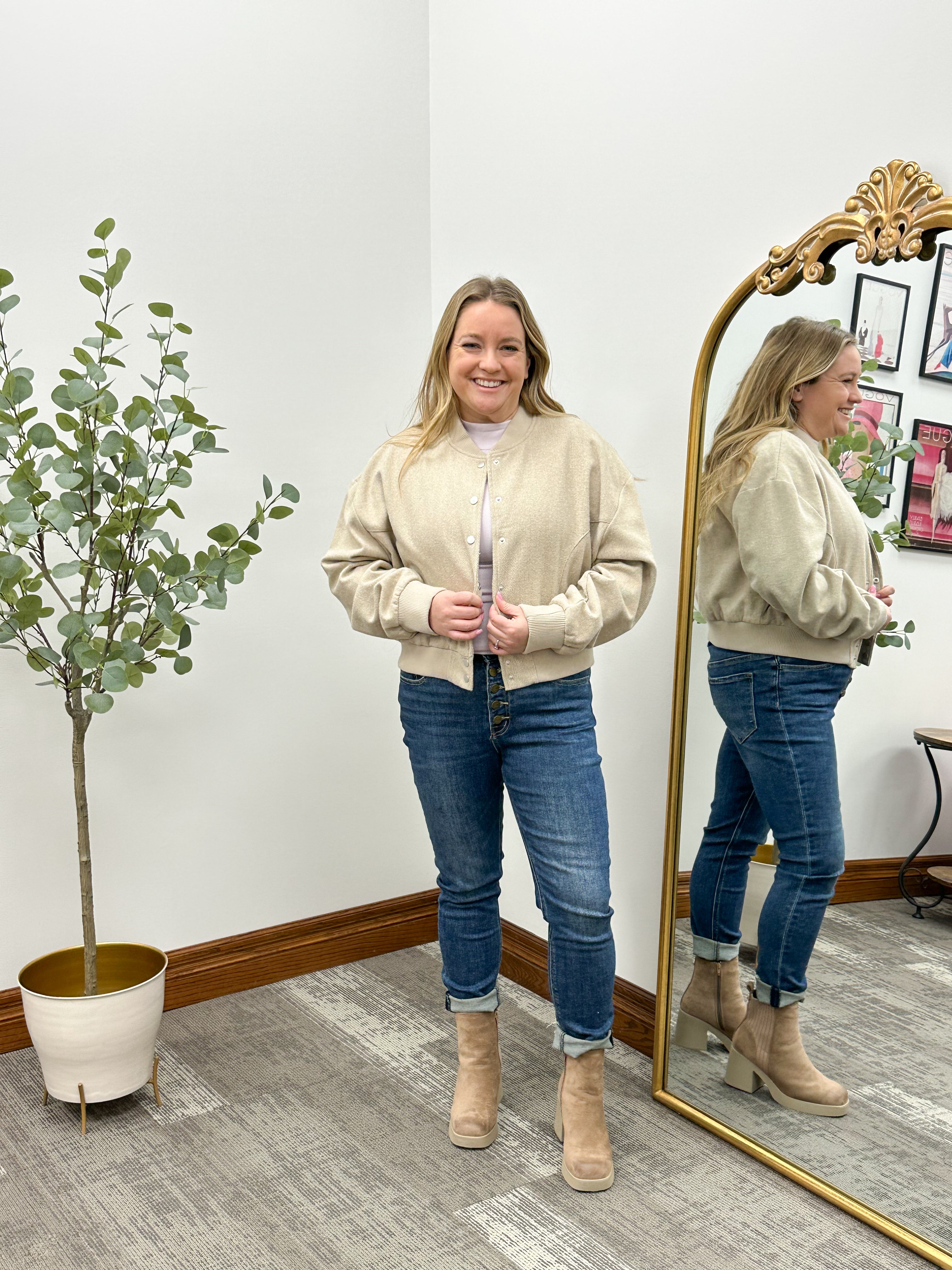 Beige Herringbone Bomber Jacket