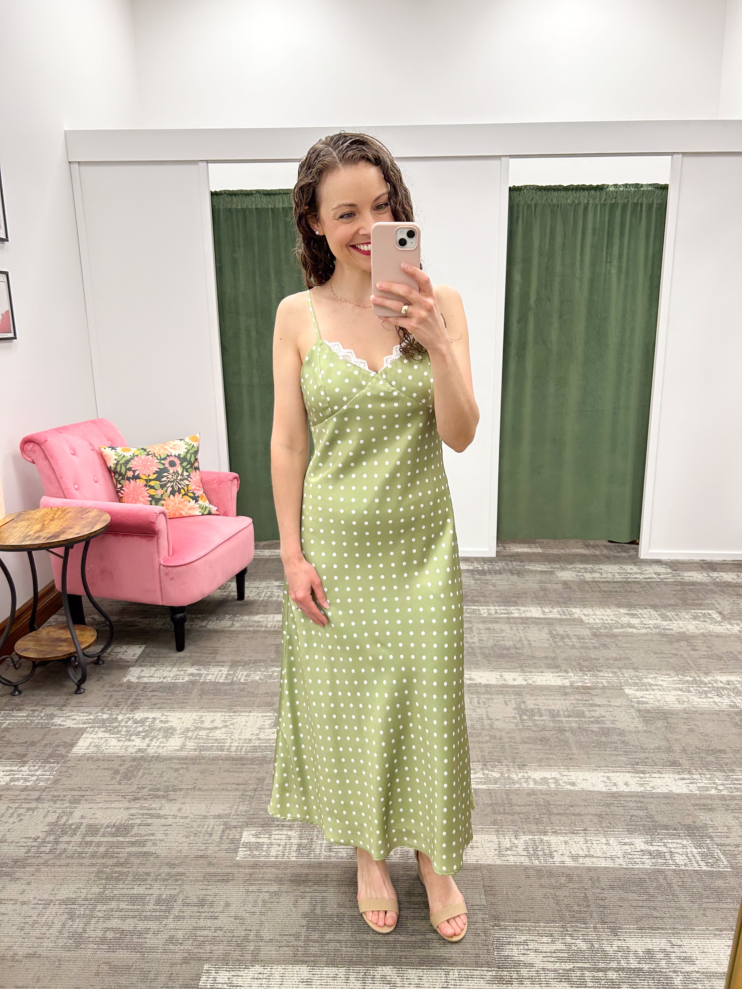 Green Polka Dot Satin Slip Dress