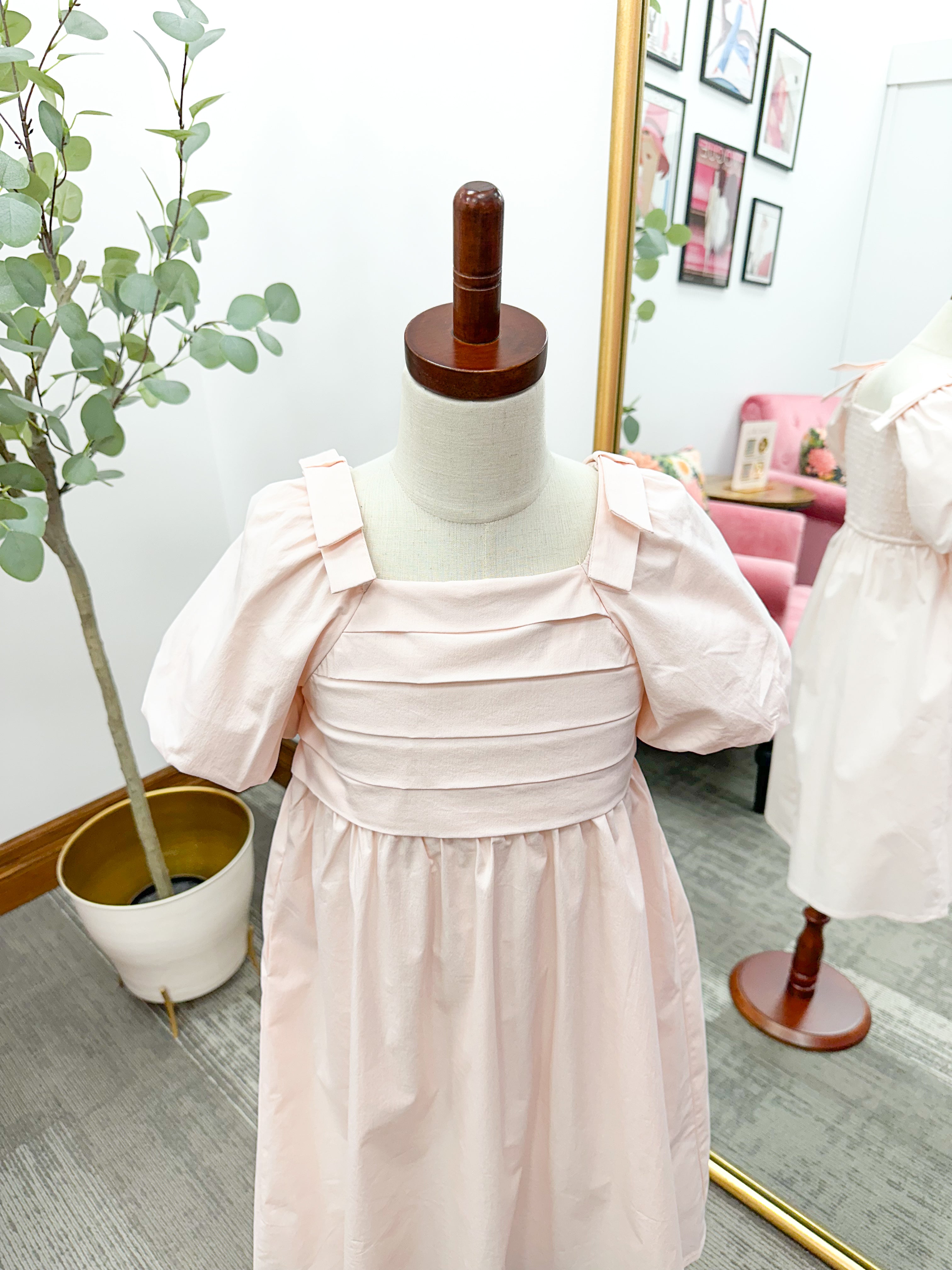 Girls Pleat Detail Bow Sleeve Dress