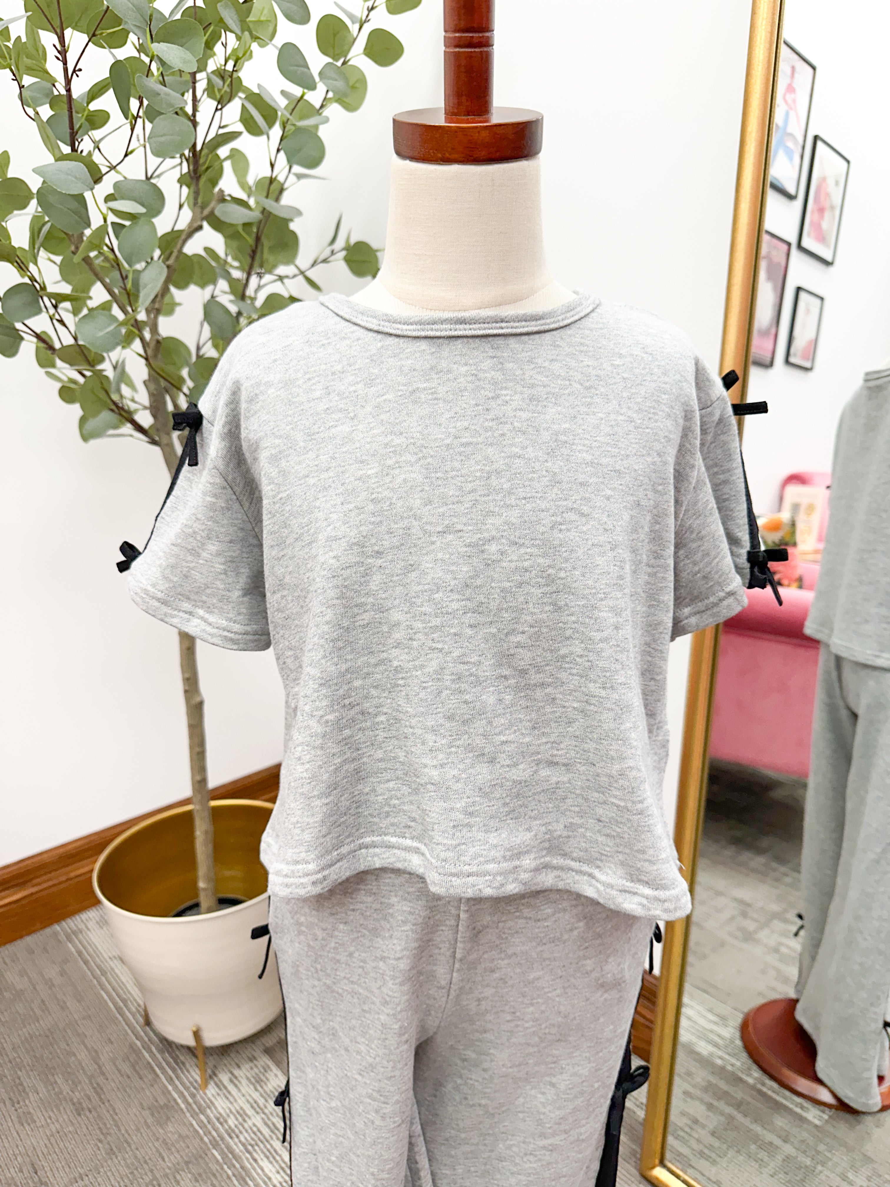 Girls Heather Gray Bow Sleeve T-Shirt