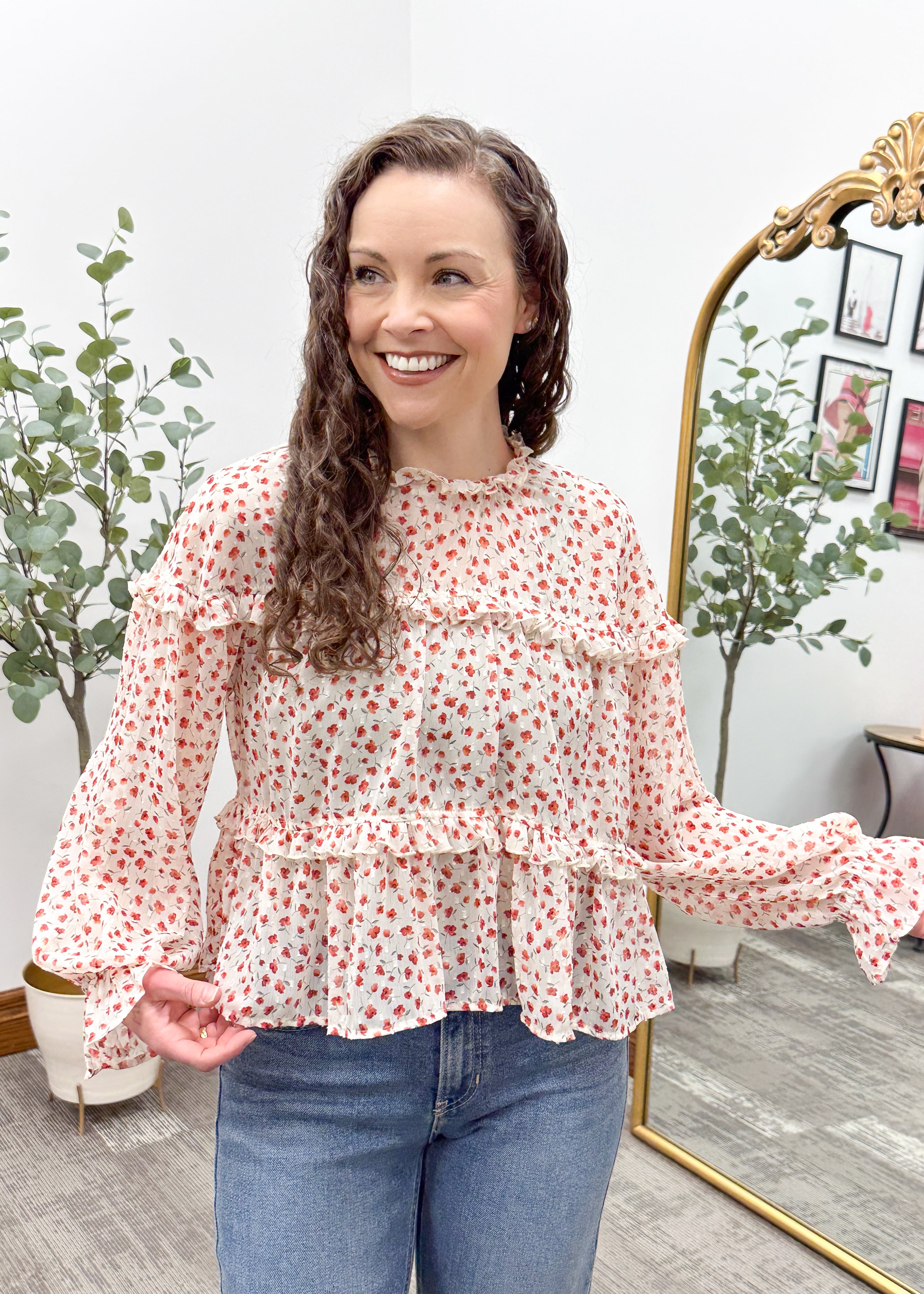 Red Floral Print Chiffon Blouse