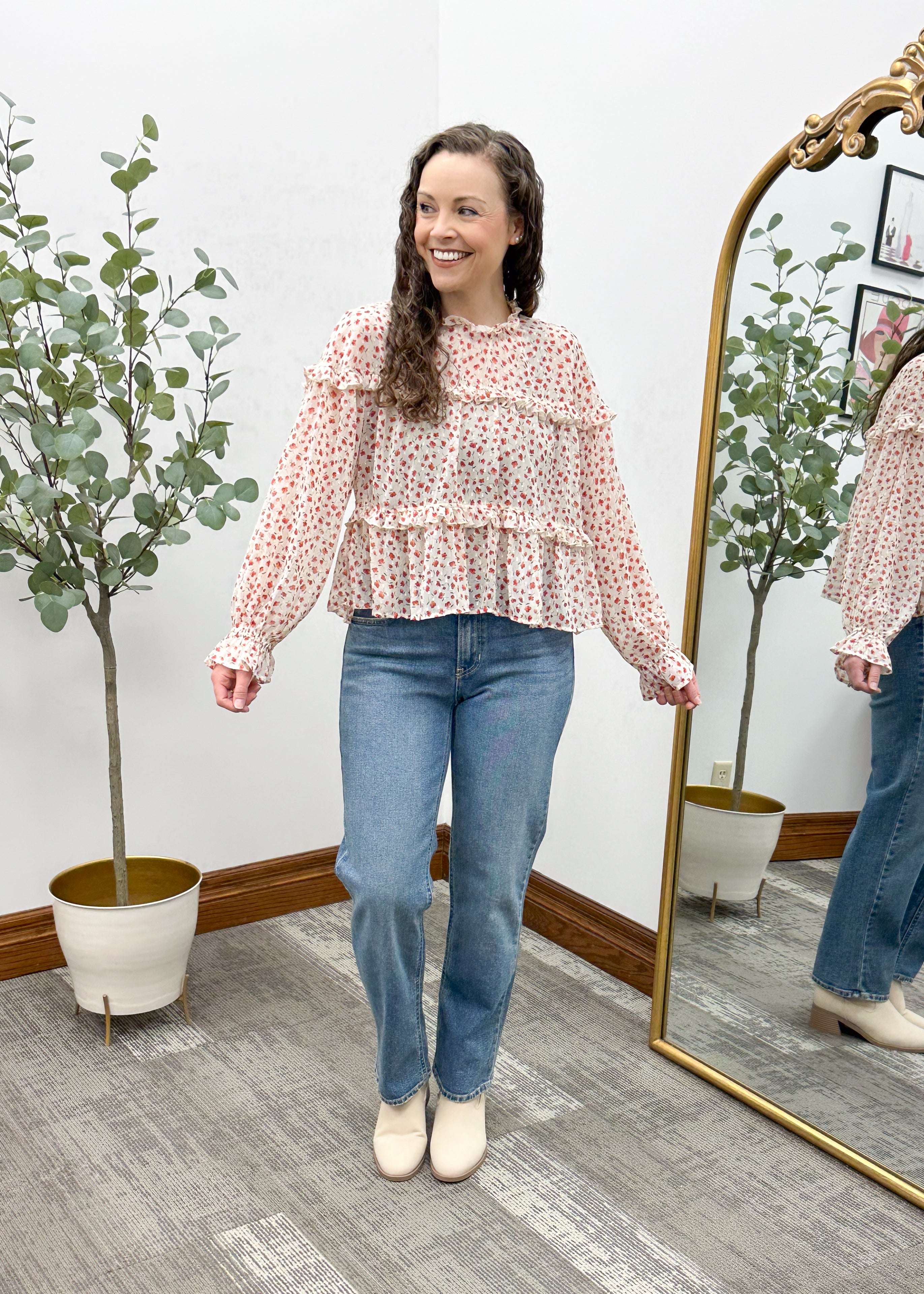 Red Floral Print Chiffon Blouse