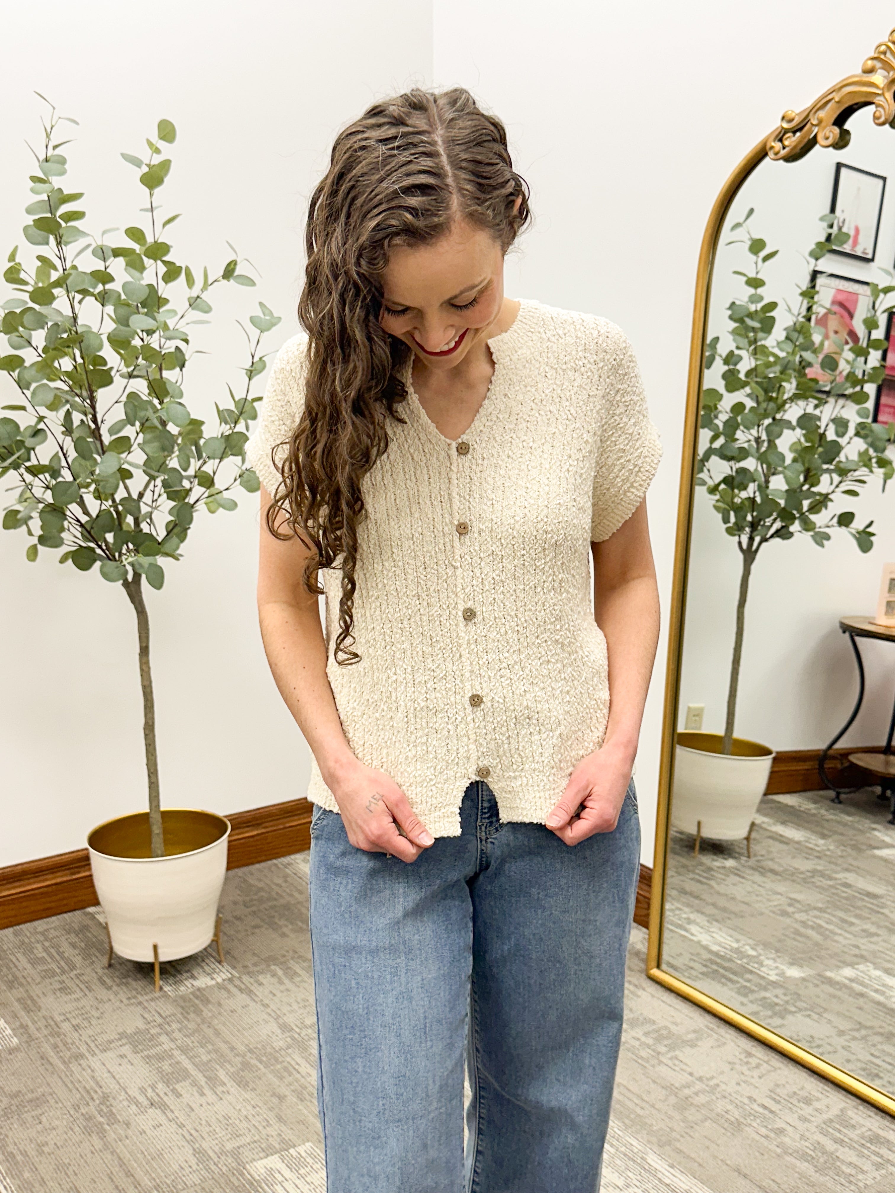 Short Sleeve Button Sweater
