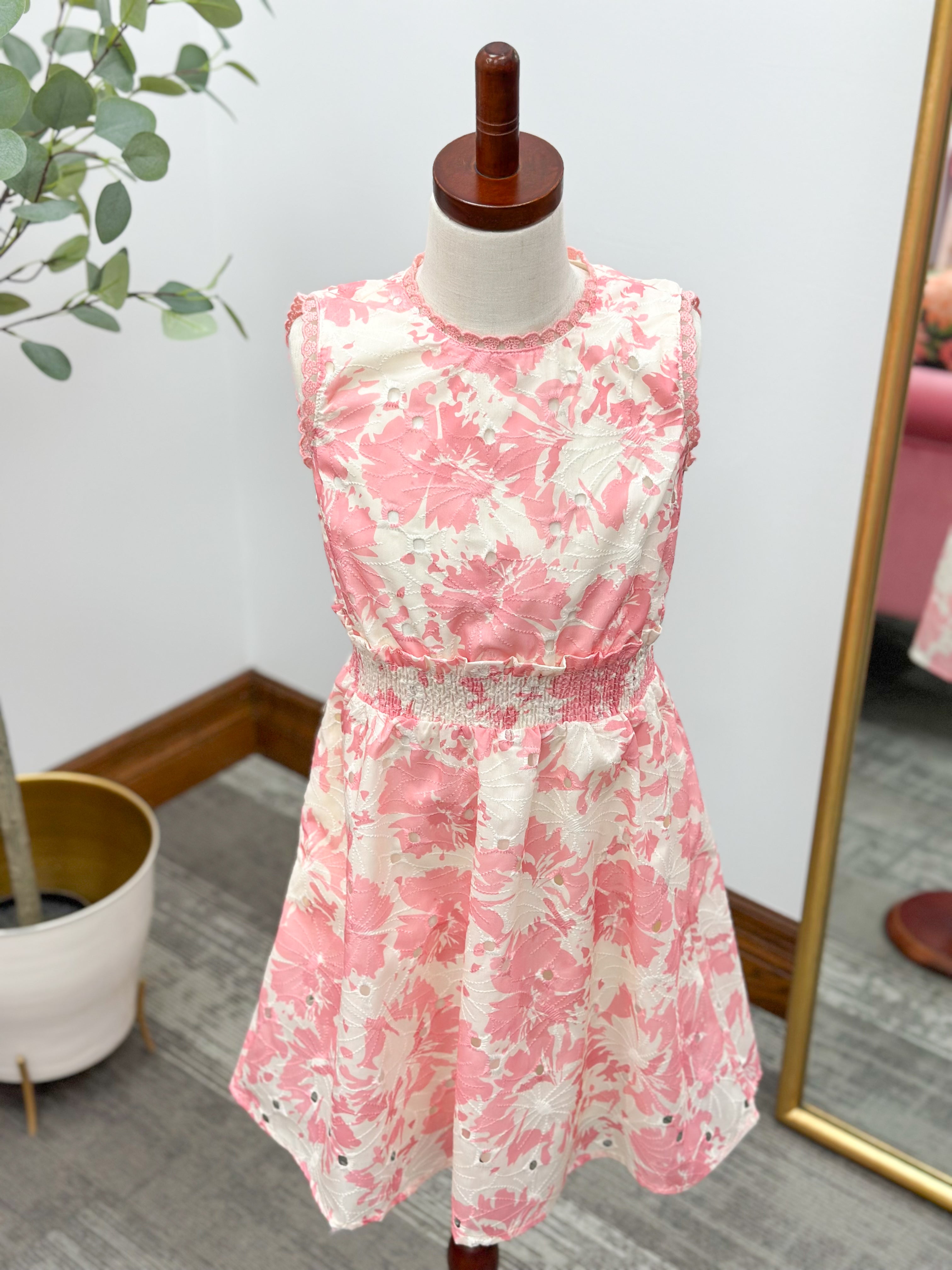 Girls Pink Floral Eyelet Dress