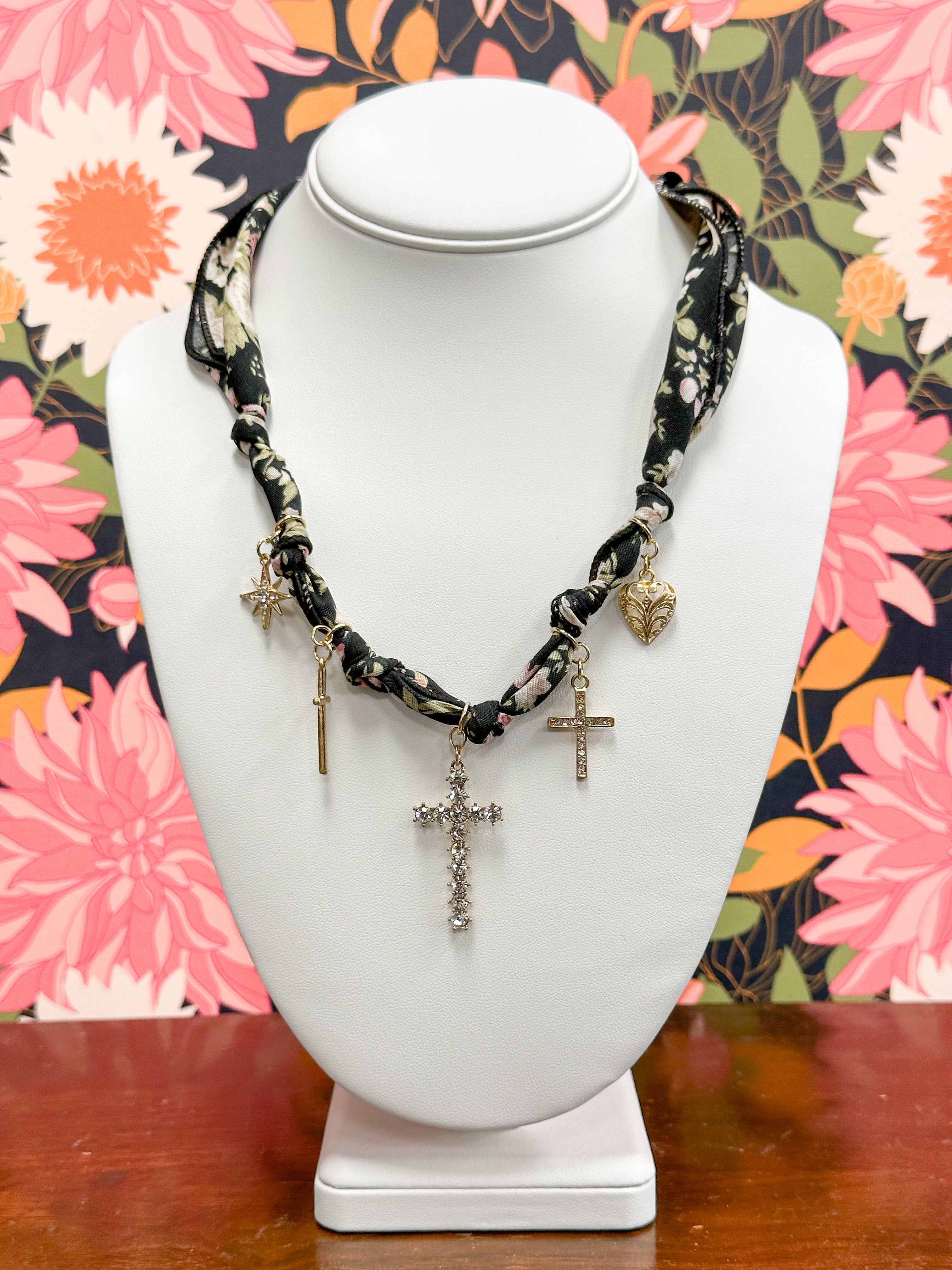 Black Floral Charm Scarf Necklace