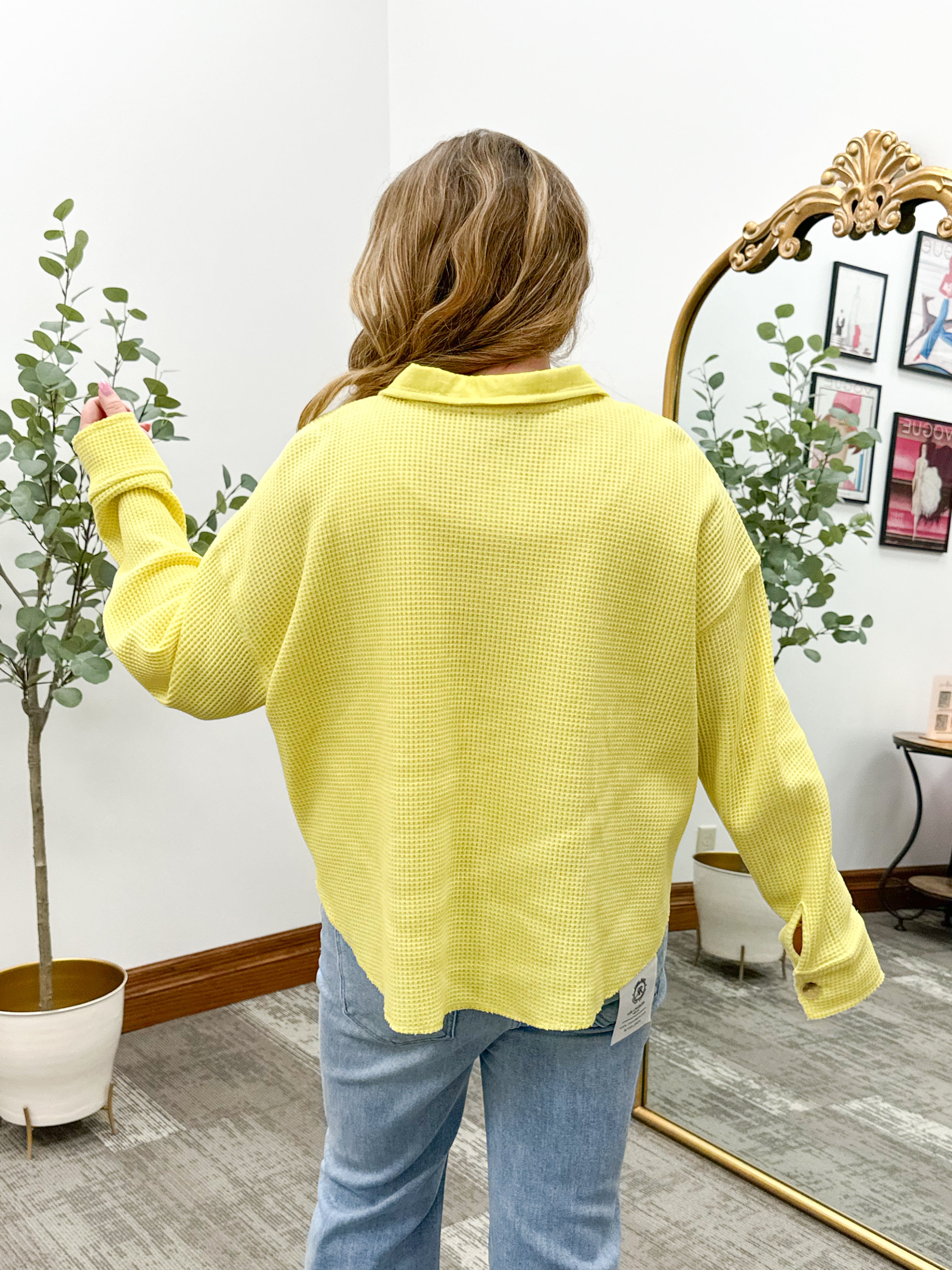 Yellow Waffle Knit Cropped Shacket