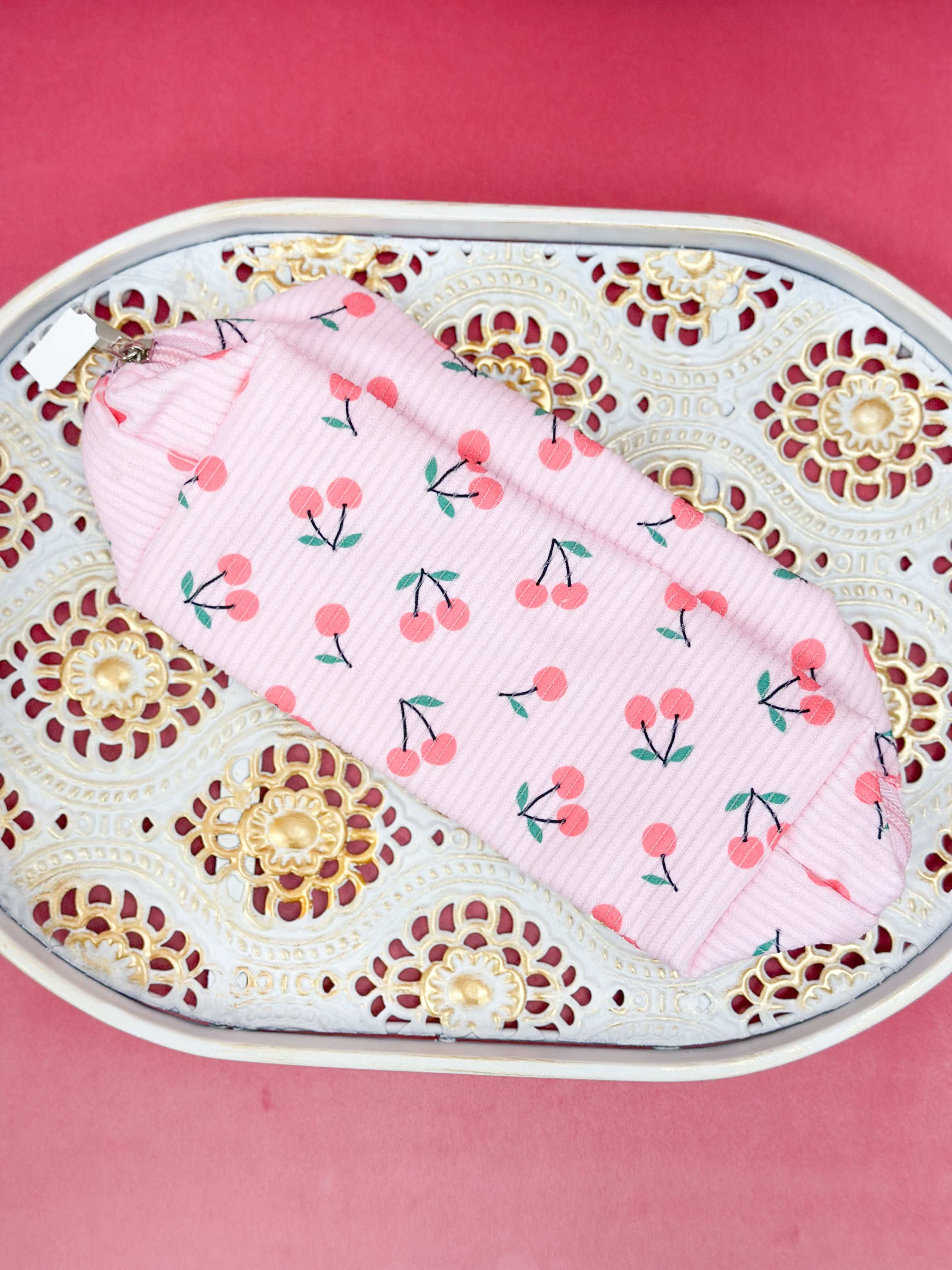 Corduroy cherry printed cosmetic bag