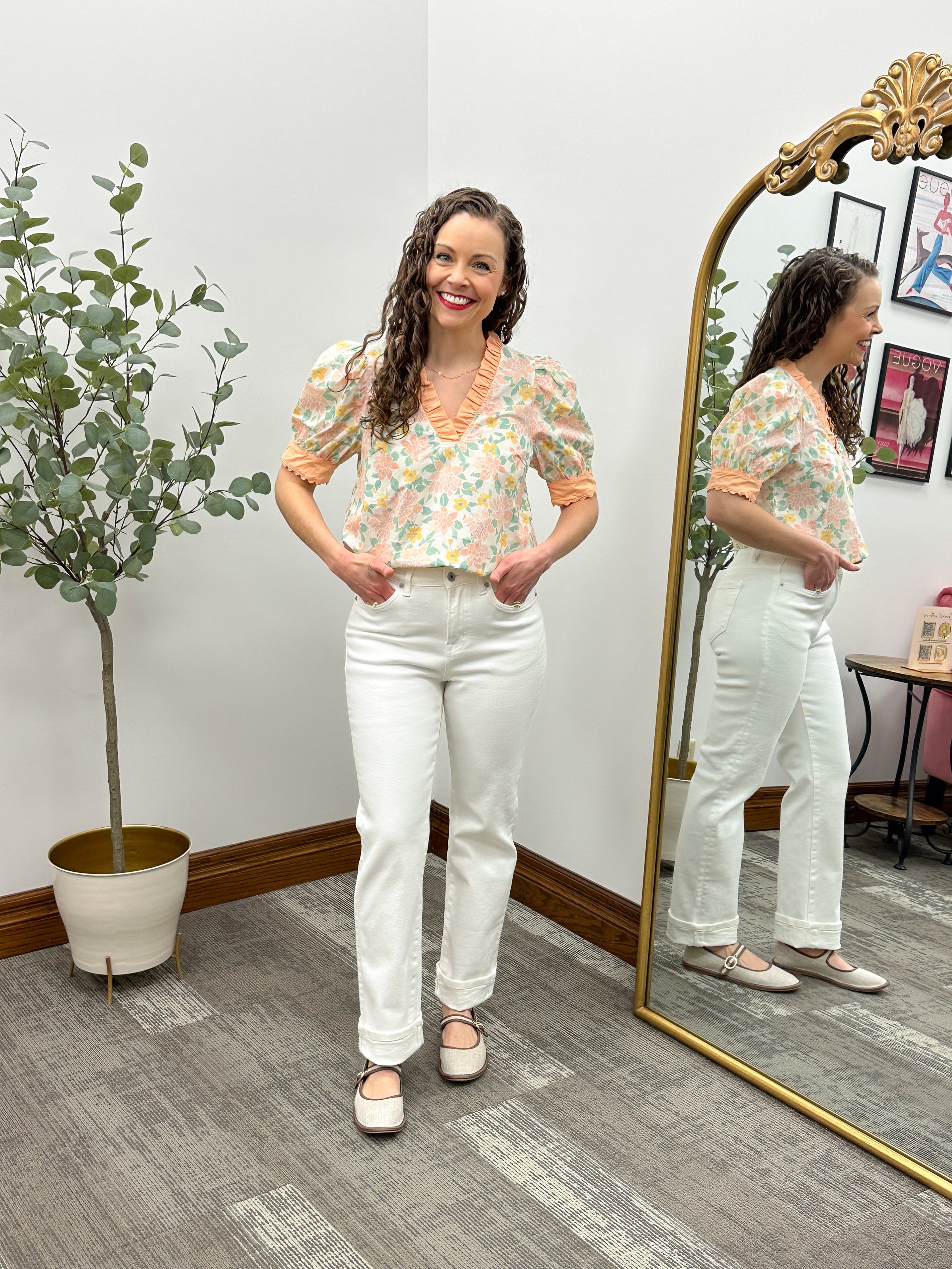 Peach Floral Puff Sleeve Blouse