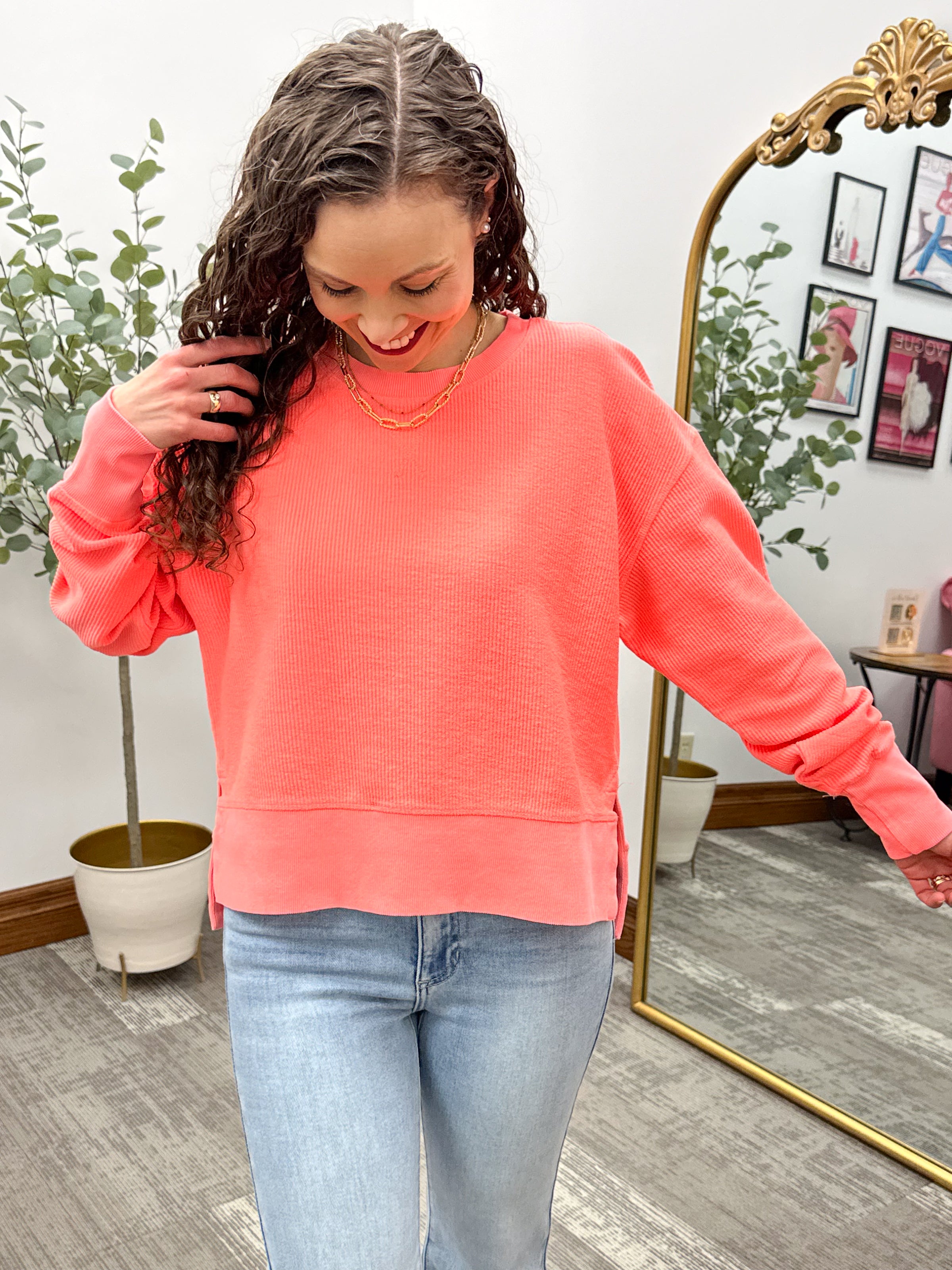 Neon Coral Split Hem Corded Crewneck, Moon Ryder Crewneck