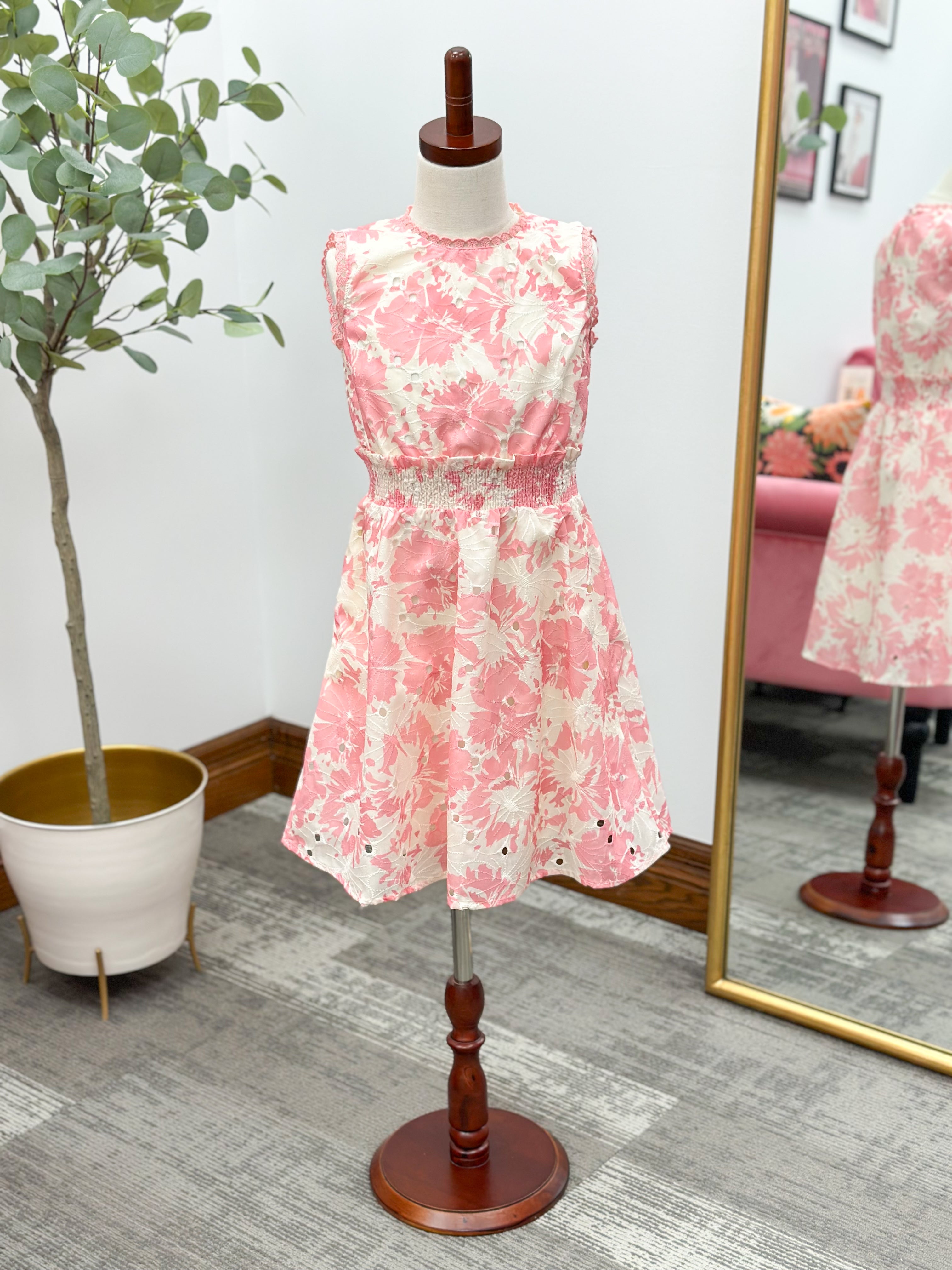 Girls Pink Floral Eyelet Dress