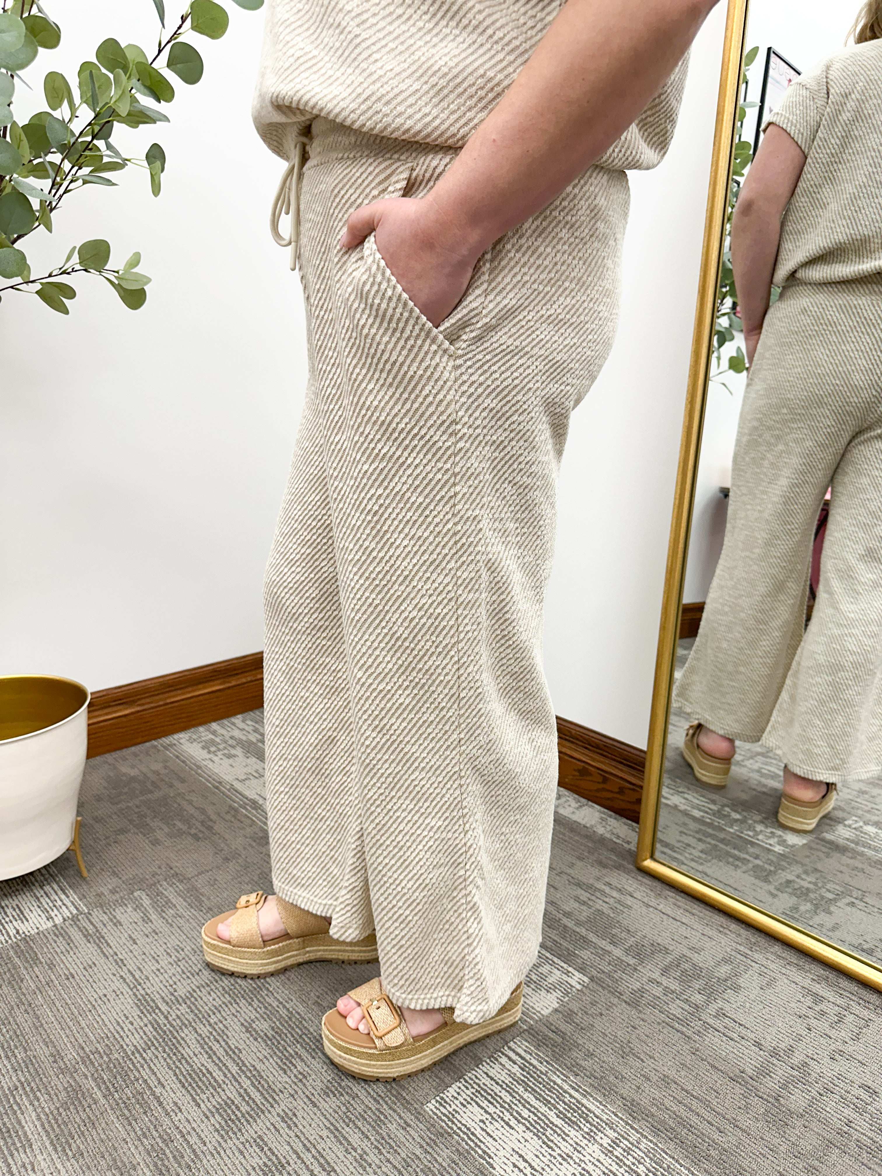 Textured Beige Wide Leg Pants