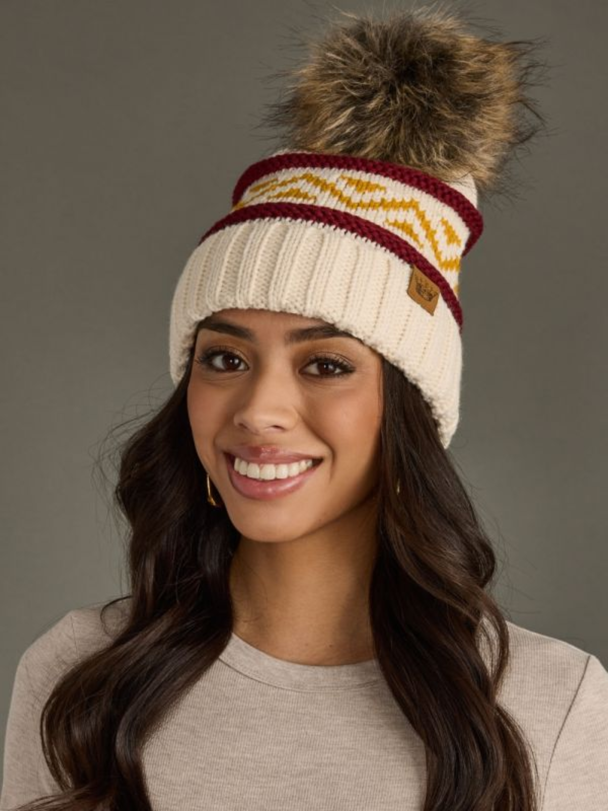 Cream, Maroon & Gold Patterned Knit Pom Hat