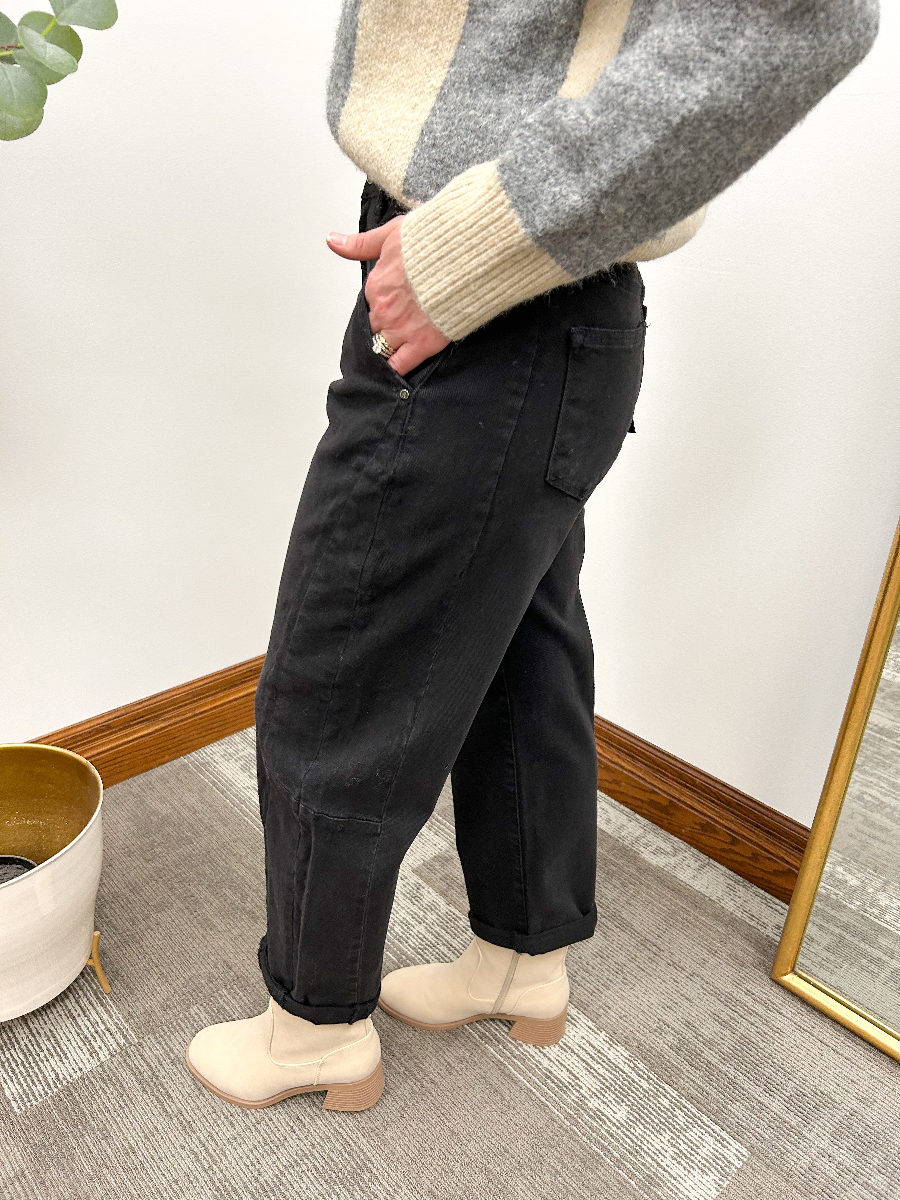 High Rise Cuffed Black Barrel Jeans