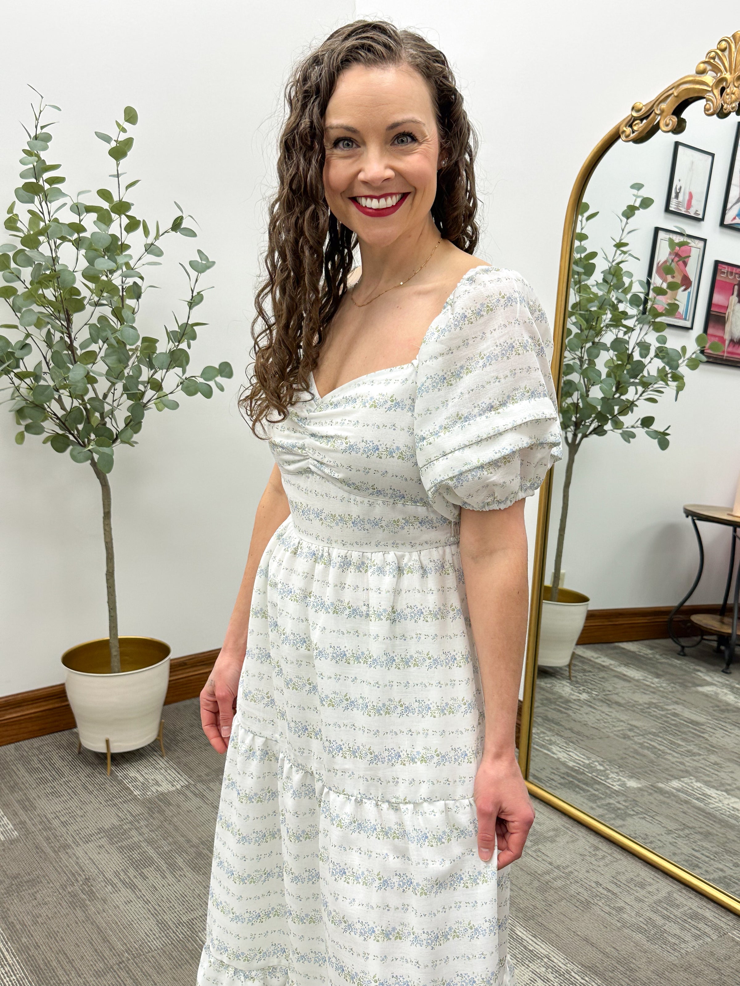 White W/ Floral Print Maxi Dress