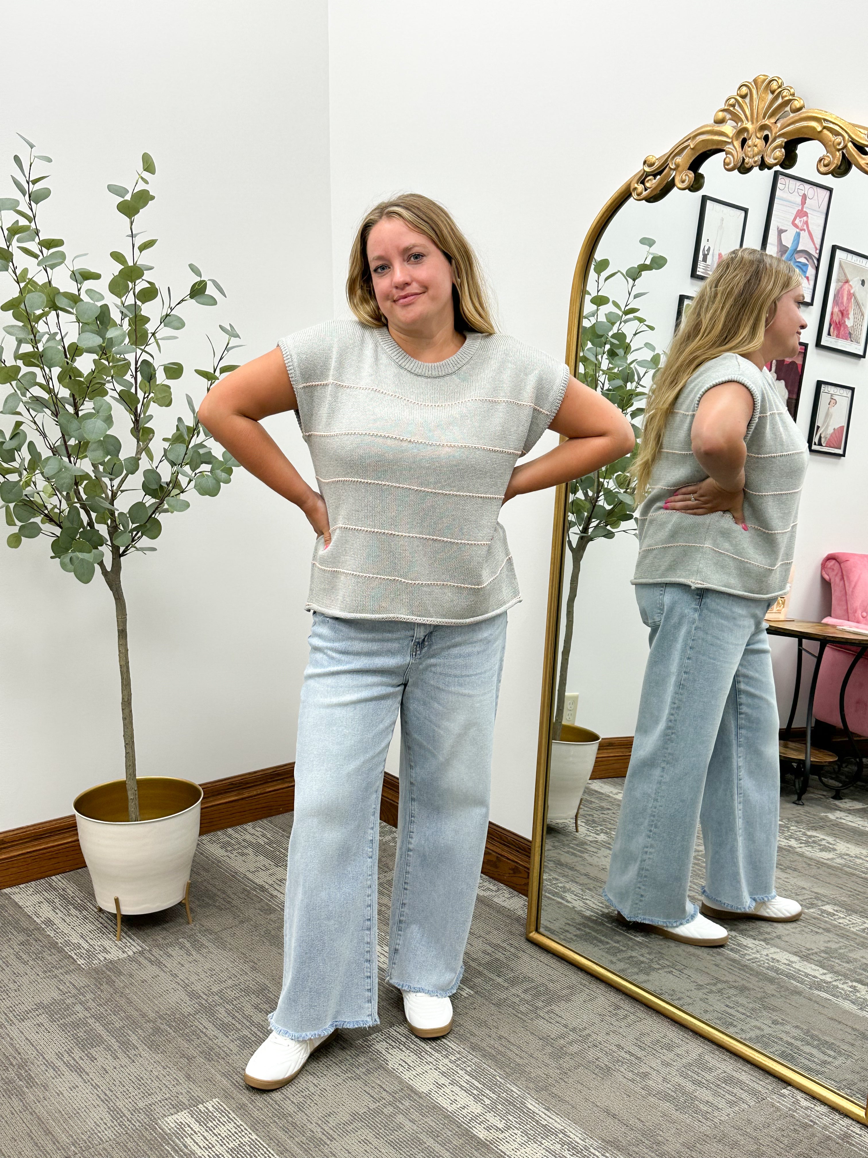 Gray Striped Short Sleeve Sweater