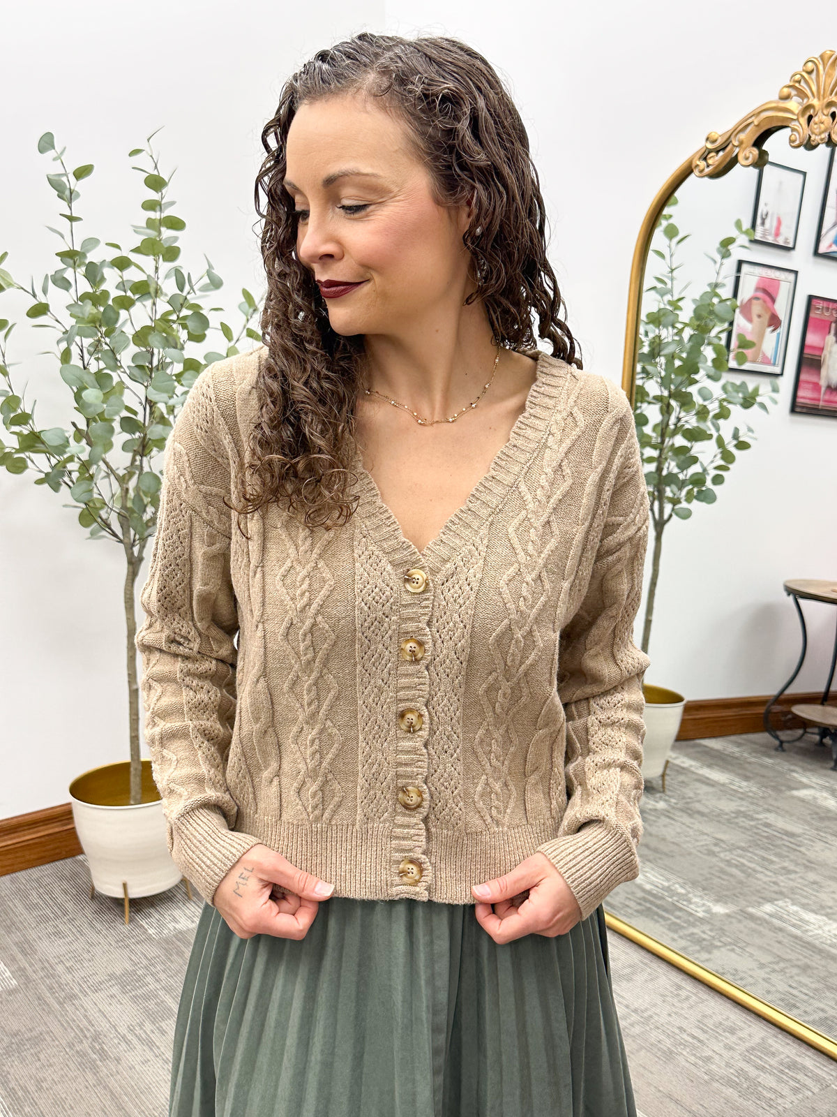 Mocha Cropped Cable Knit Cardigan
