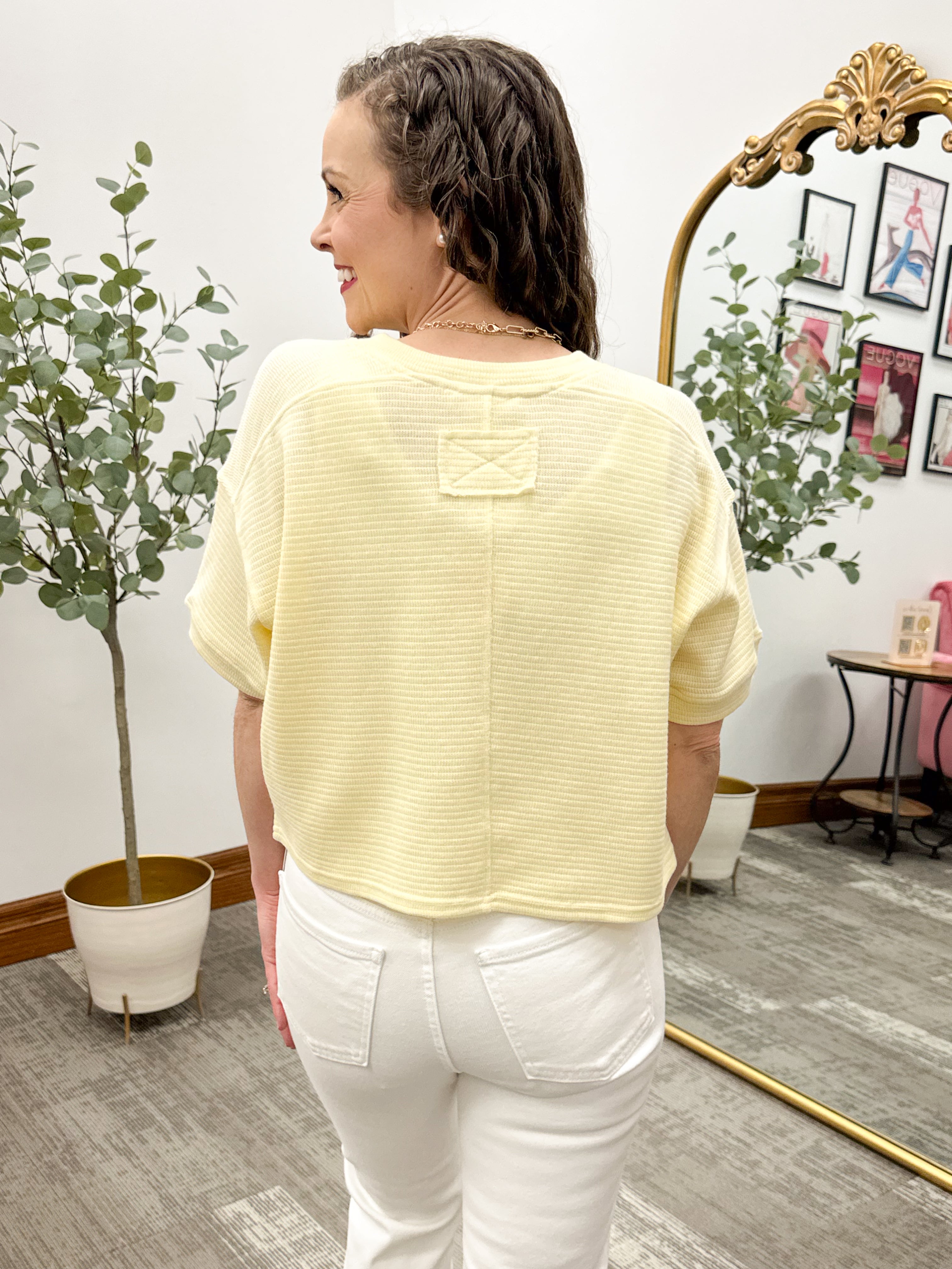 Textured Short Sleeve Button Up Top