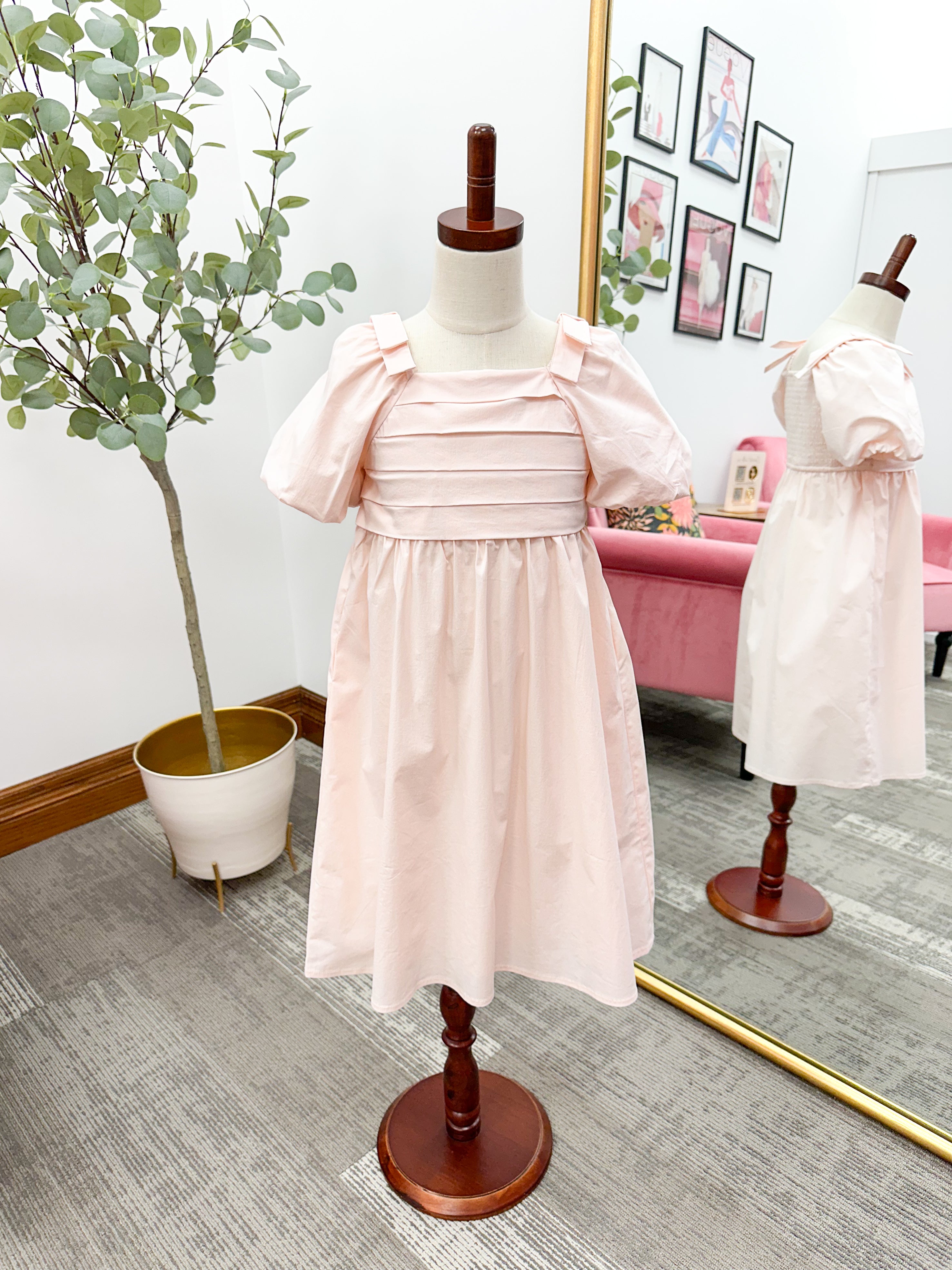 Girls Pleat Detail Bow Sleeve Dress