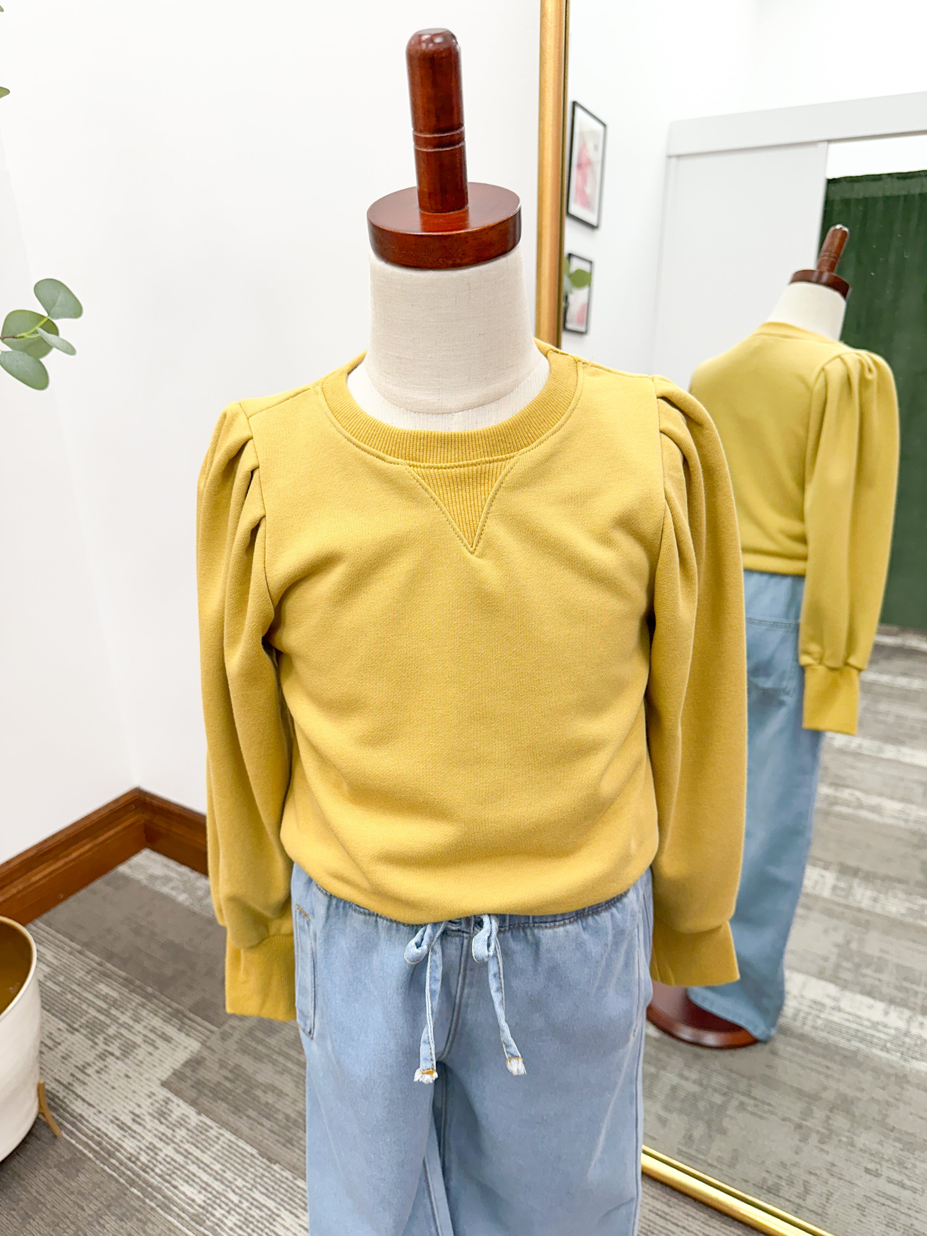 Girls Mustard Puff Sleeve Sweatshirt