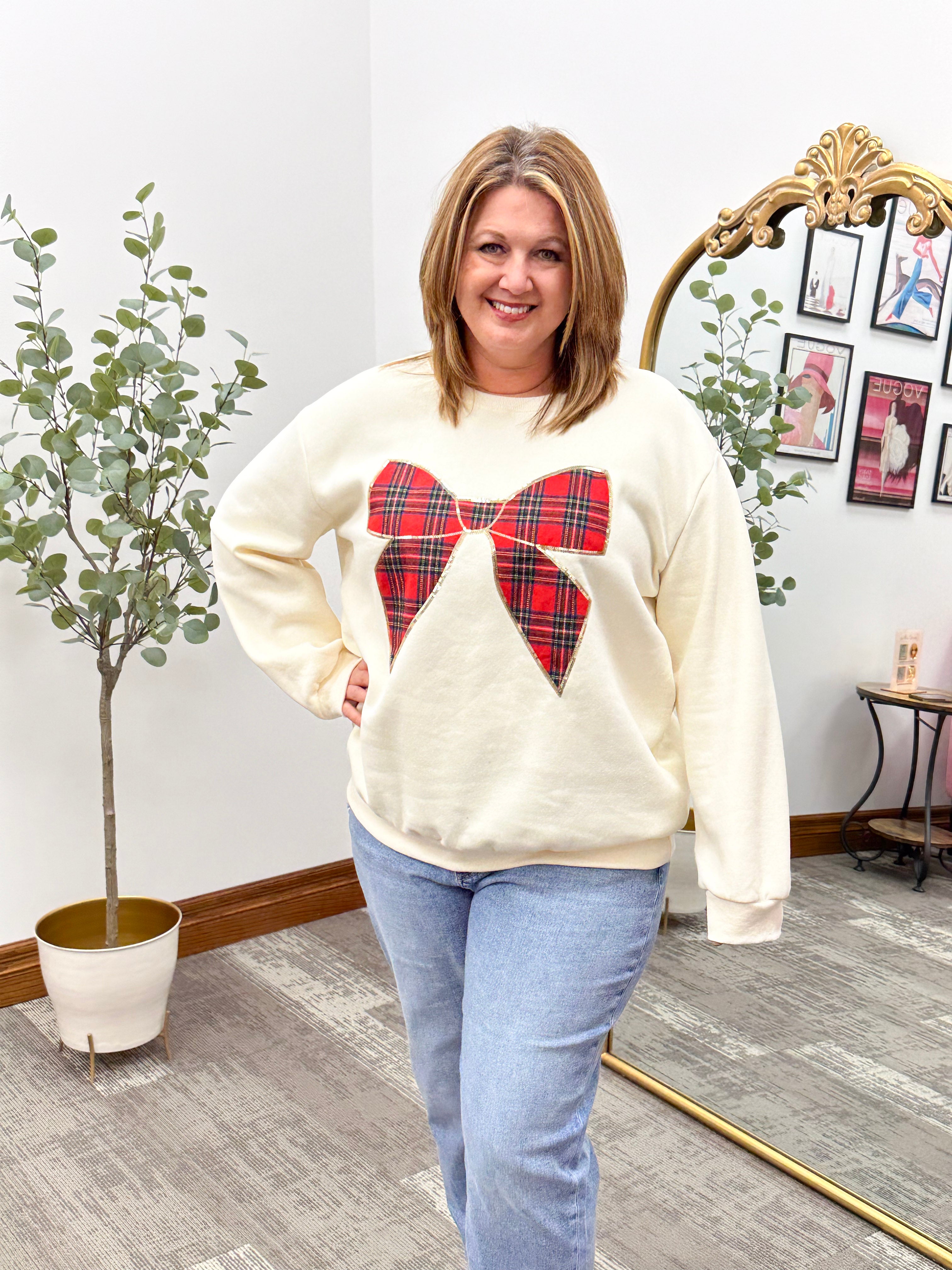Red Plaid Flannel Bow Sweatshirt