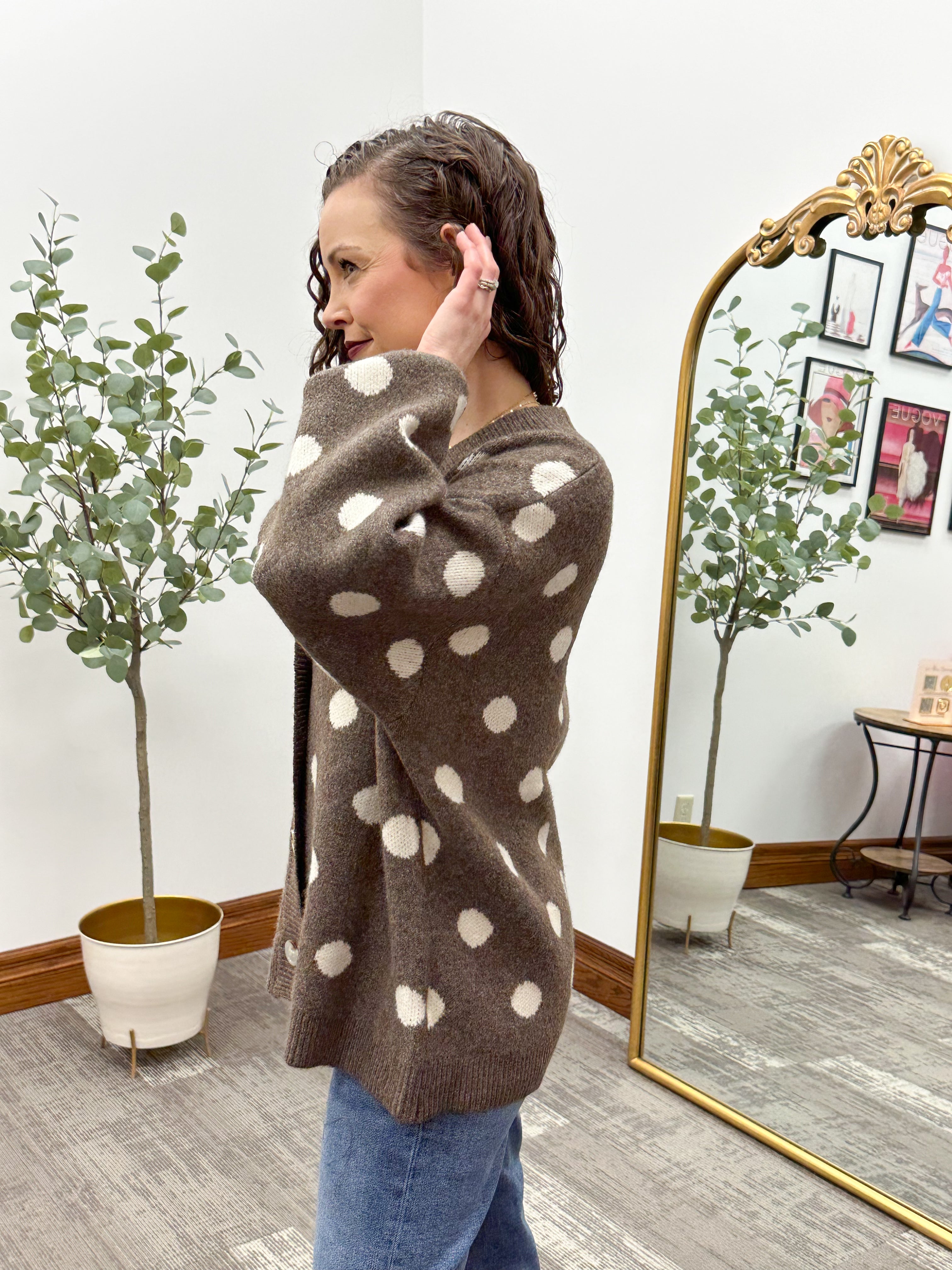 Oversized Mocha Polka Dot Cardigan