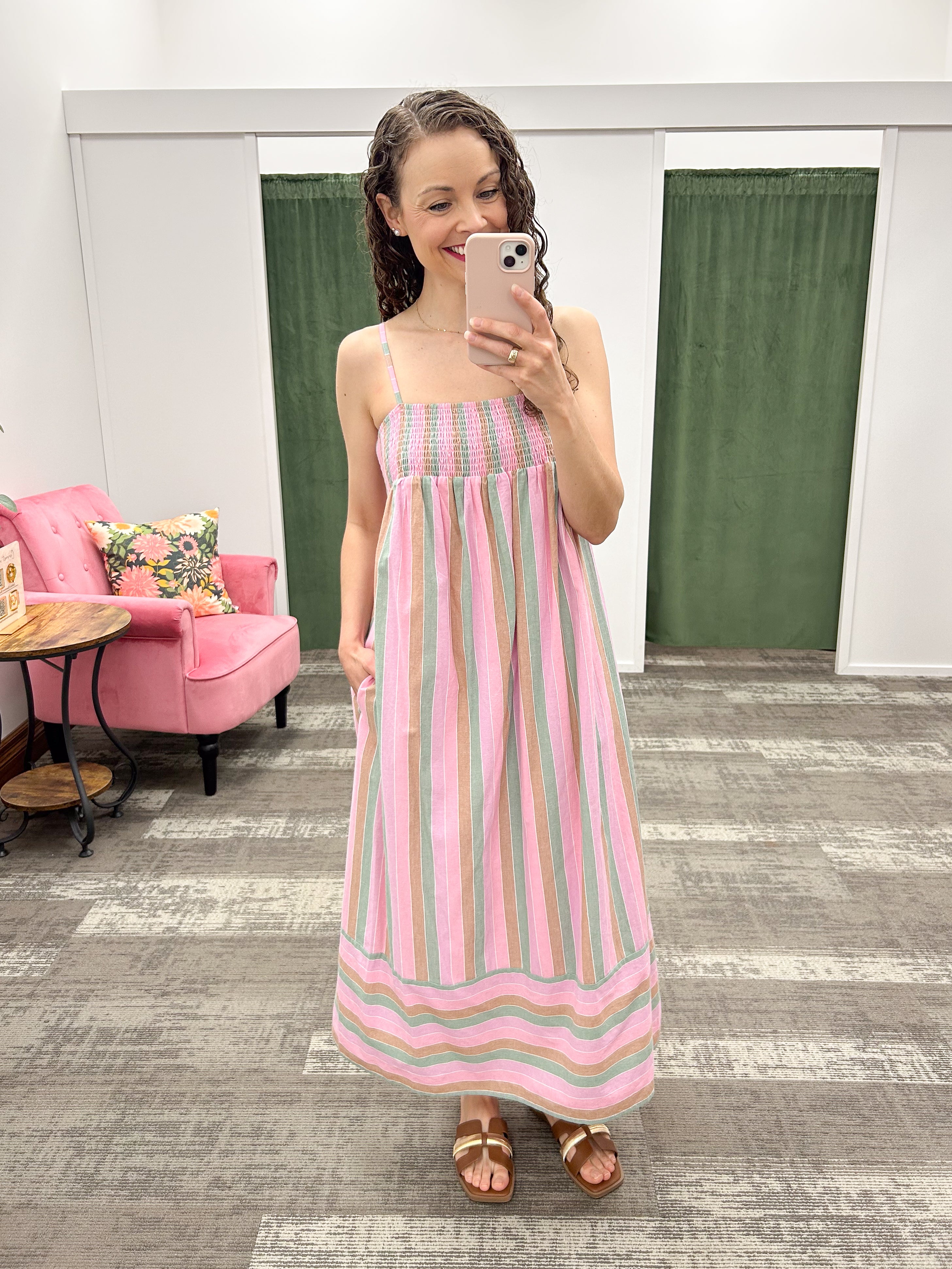 Multicolor Stripe Smocked Midi Dress