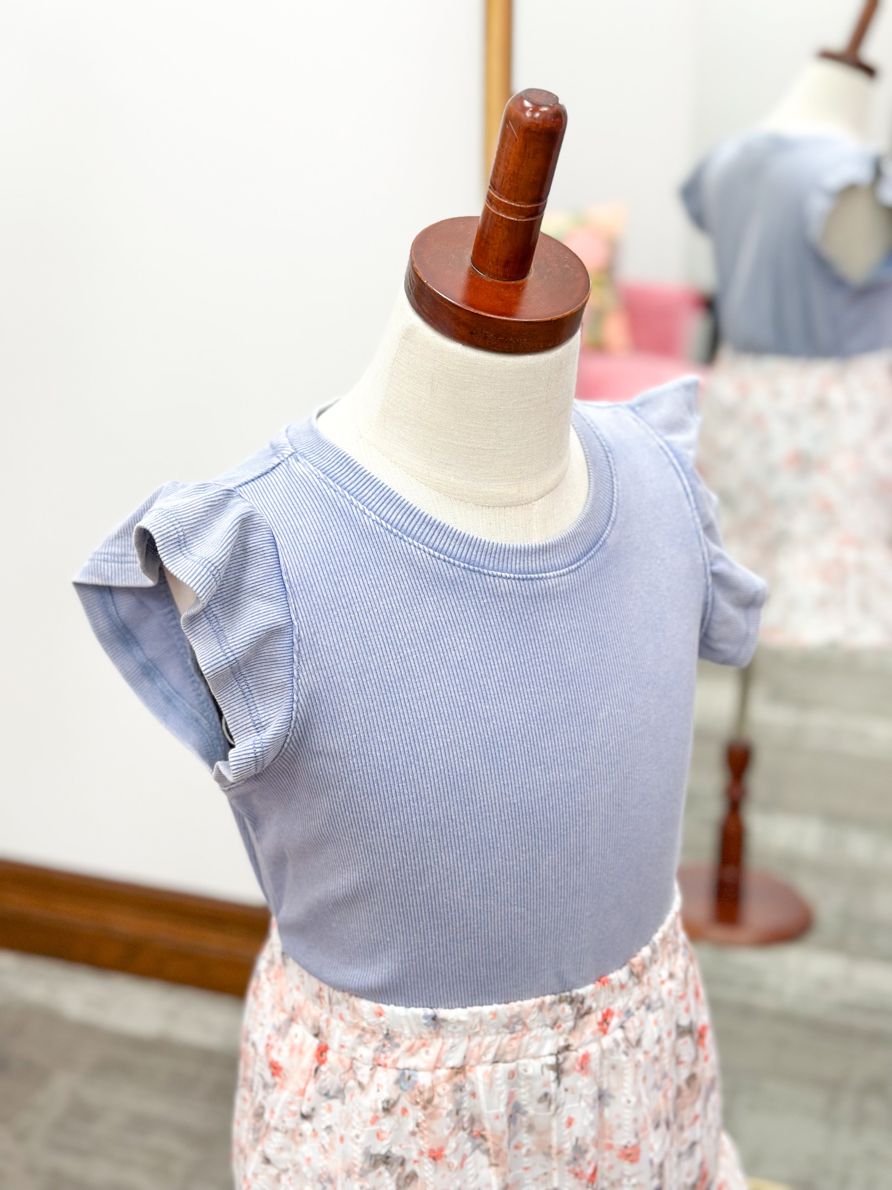 Girls Dusty Blue Ruffle Sleeve Top