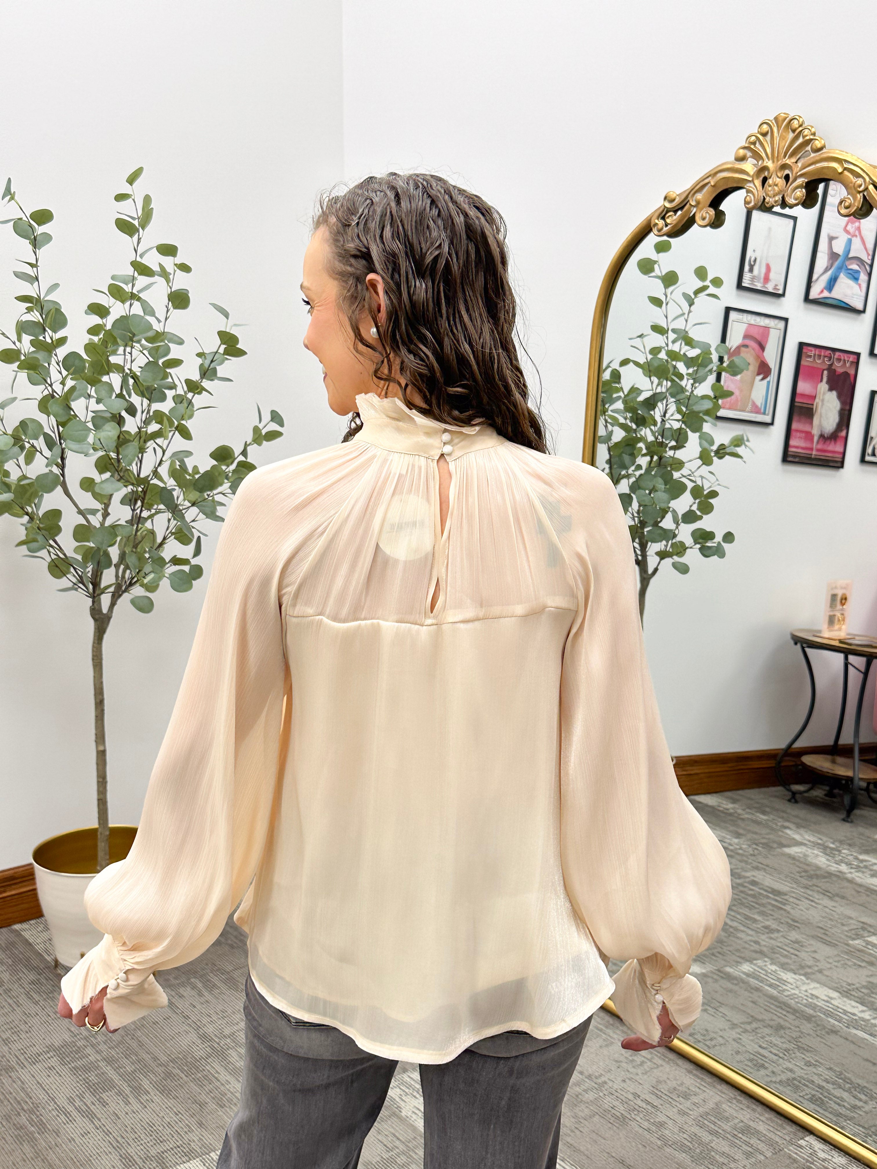Champagne Ruffle Mock Neck Blouse