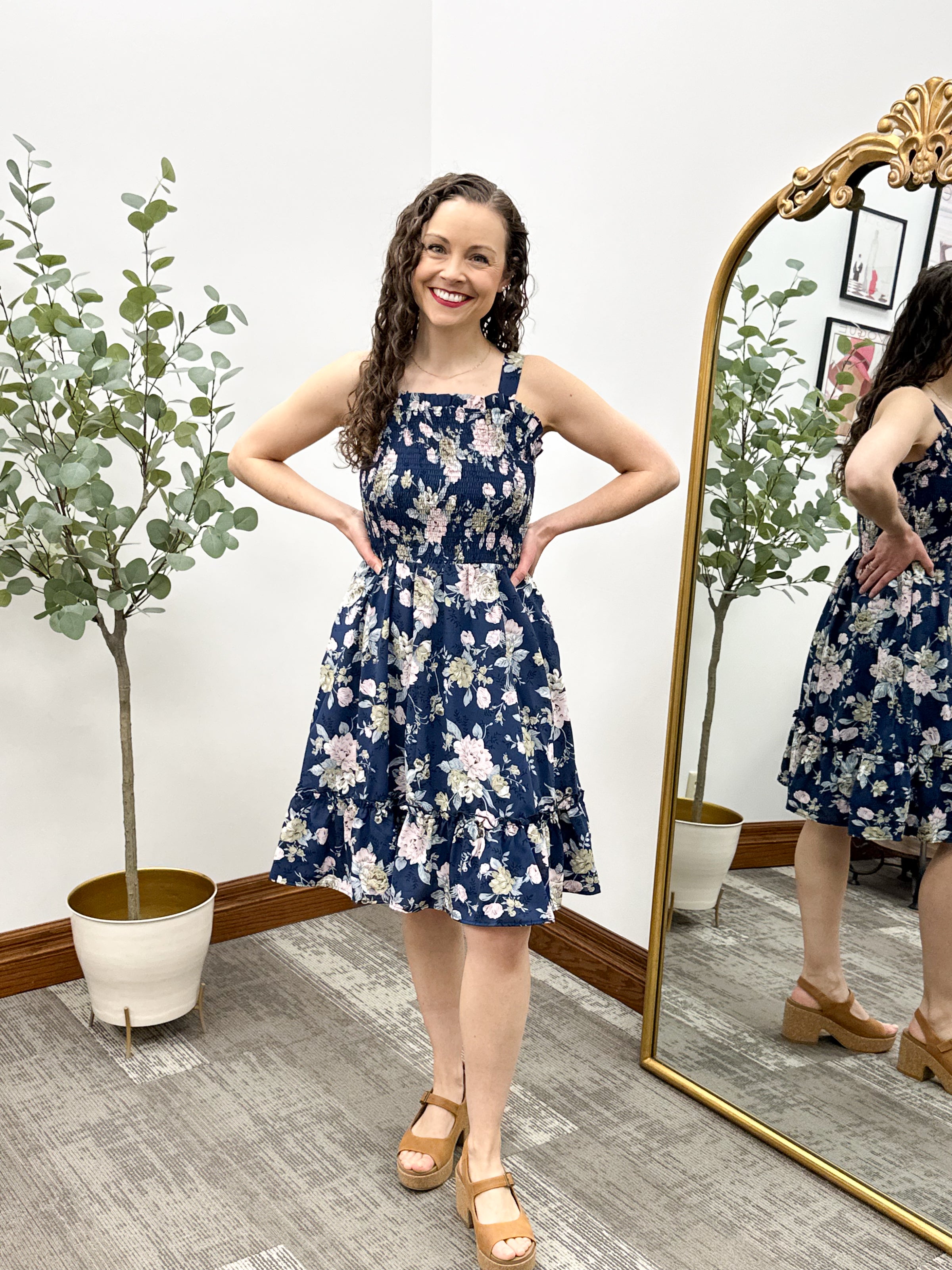 Navy Floral Smocked Dress