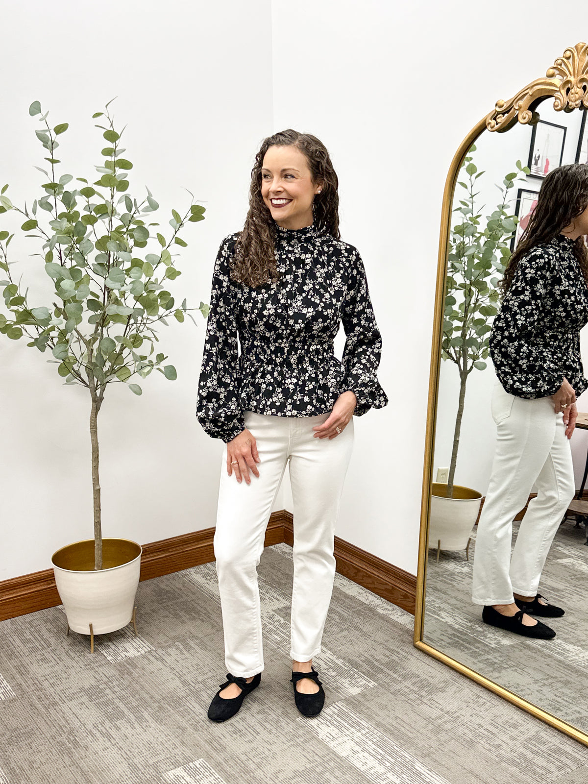 Black Floral Smocked Peplum Blouse