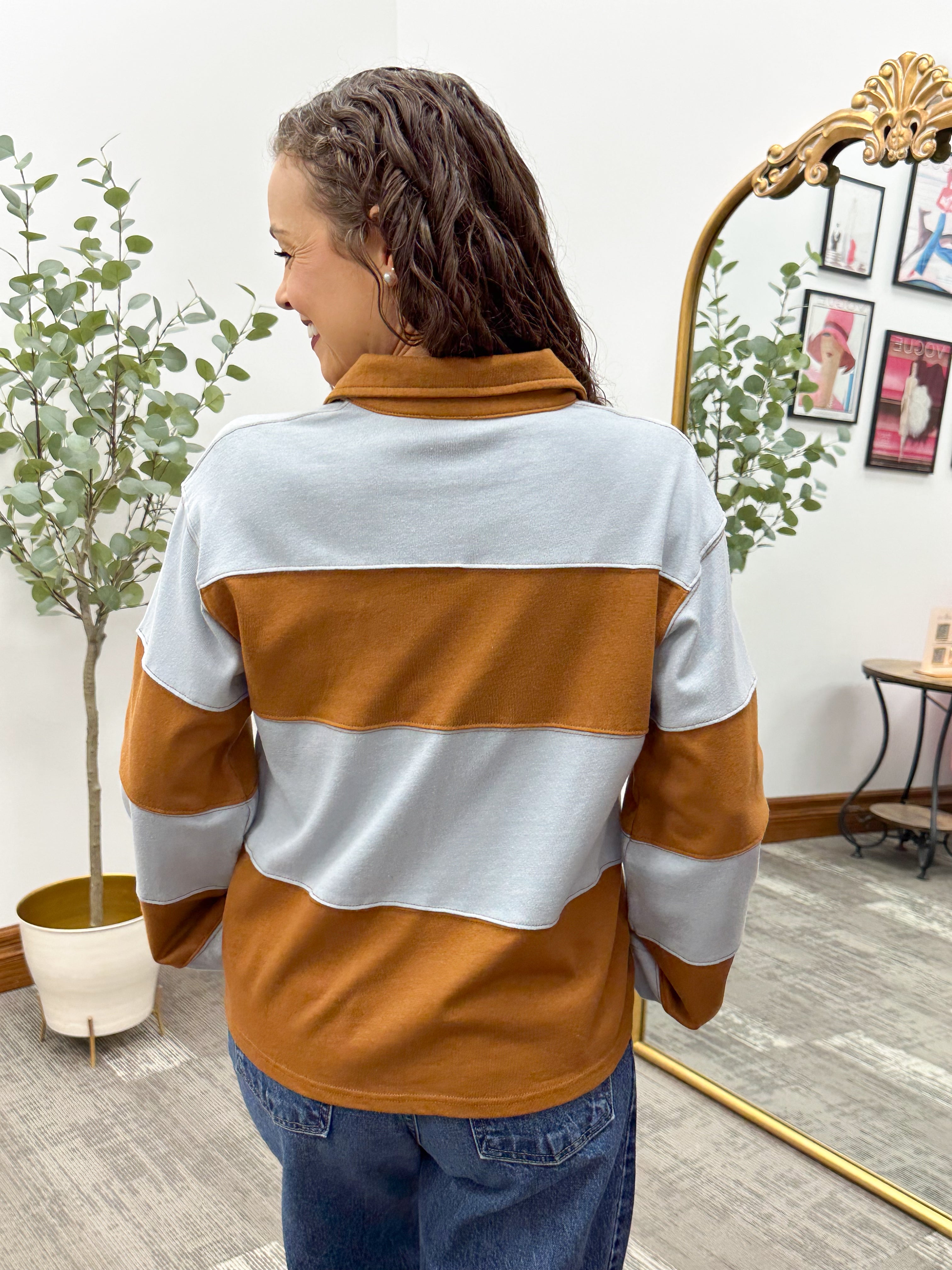 Tan & Blue Striped Collared Long Sleeve Top